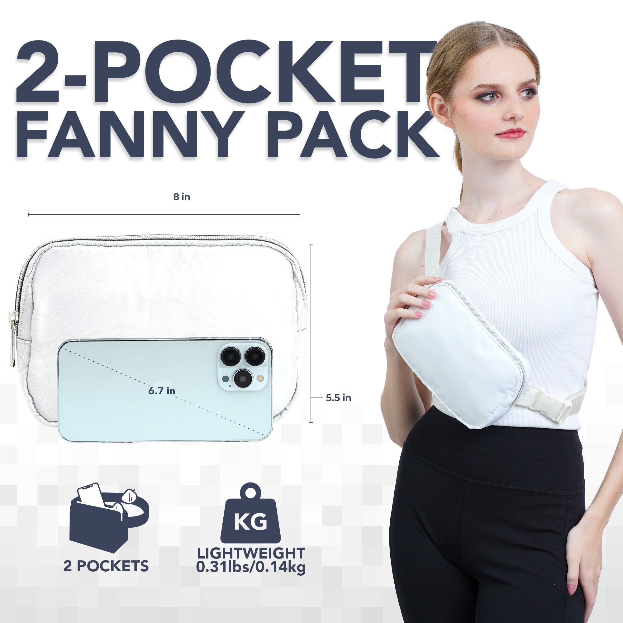 Fanny Pack (1 Pocket) displayed with size specs and dimensions, ideal for stylish rave outfits.