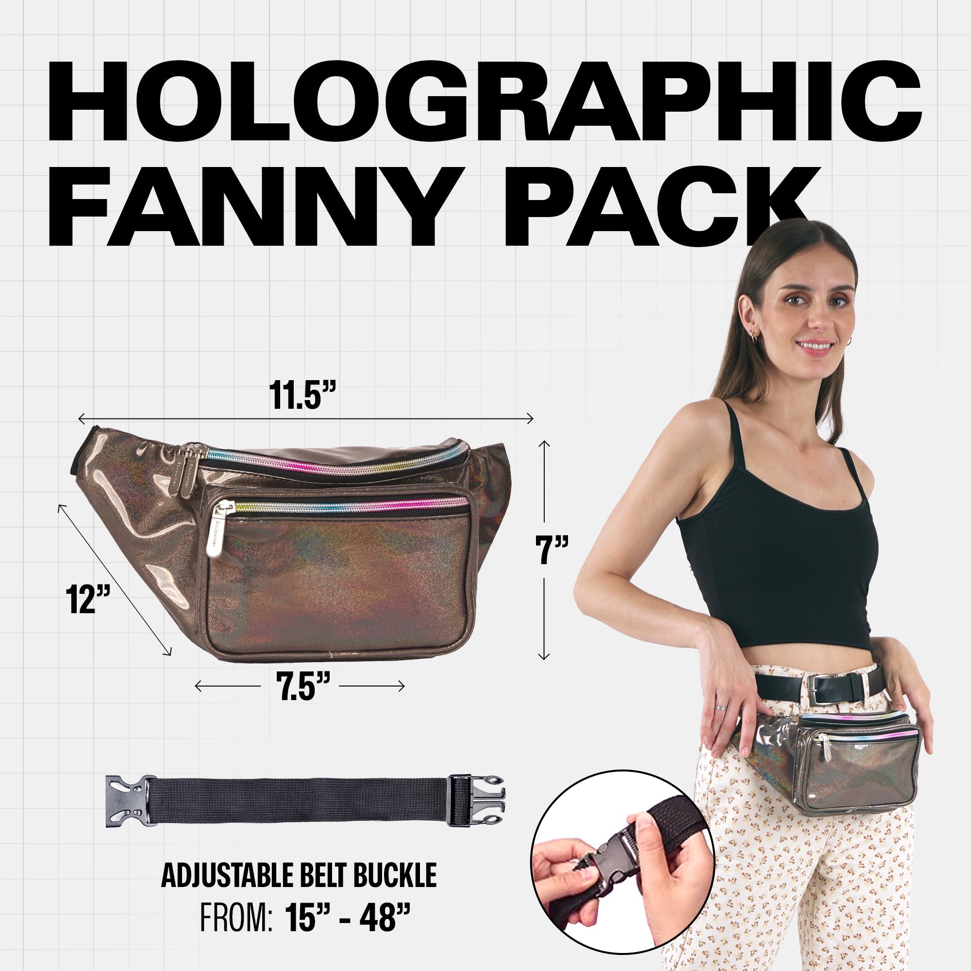 Rave Fanny Pack featuring adjustable belt buckle, holographic design, perfect for festivals and travel.