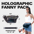 Rave Fanny Pack displayed on a model, showcasing holographic material and adjustable belt buckle for festivals and parties.