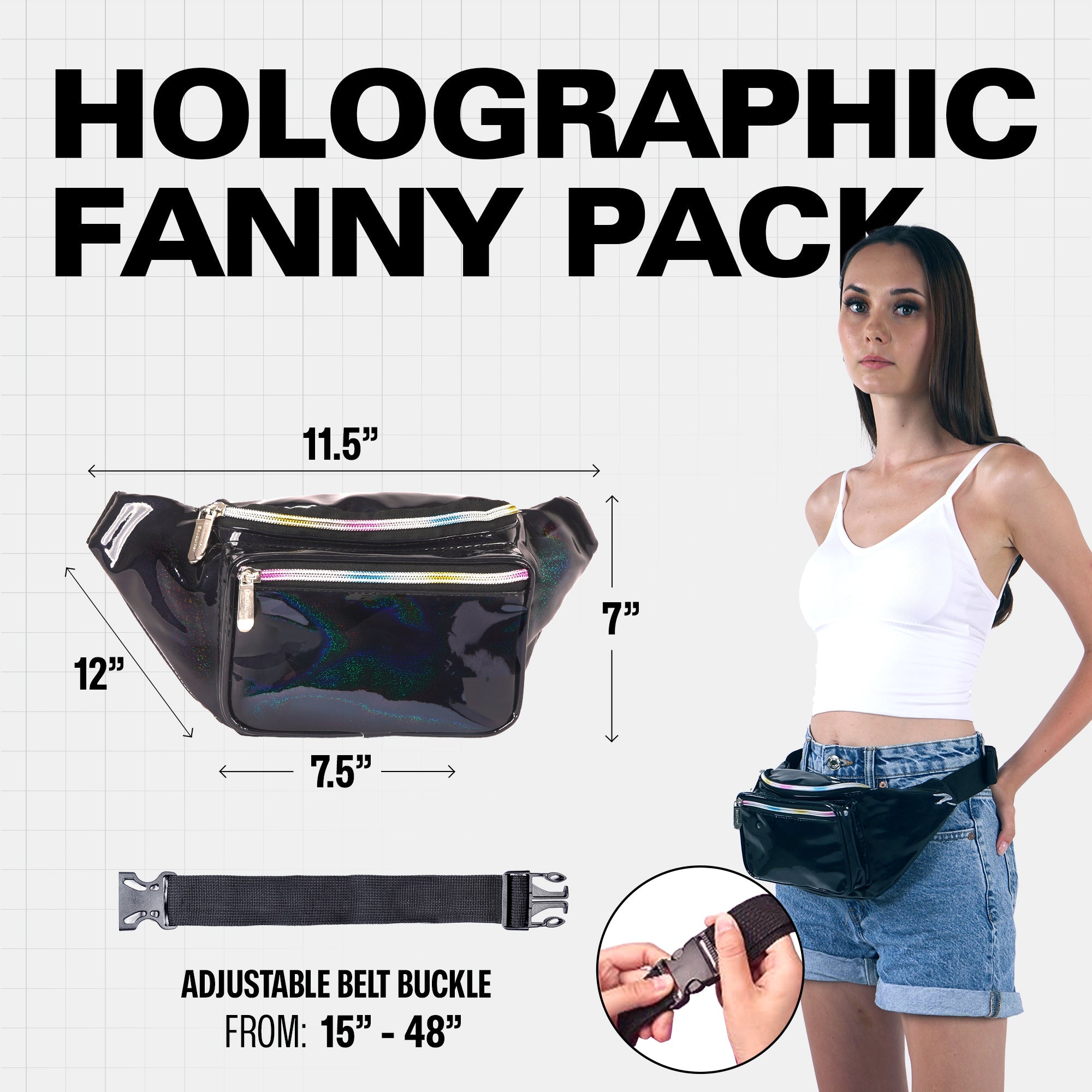 Rave Fanny Pack displayed on a model, showcasing holographic material and adjustable belt buckle for festivals and parties.