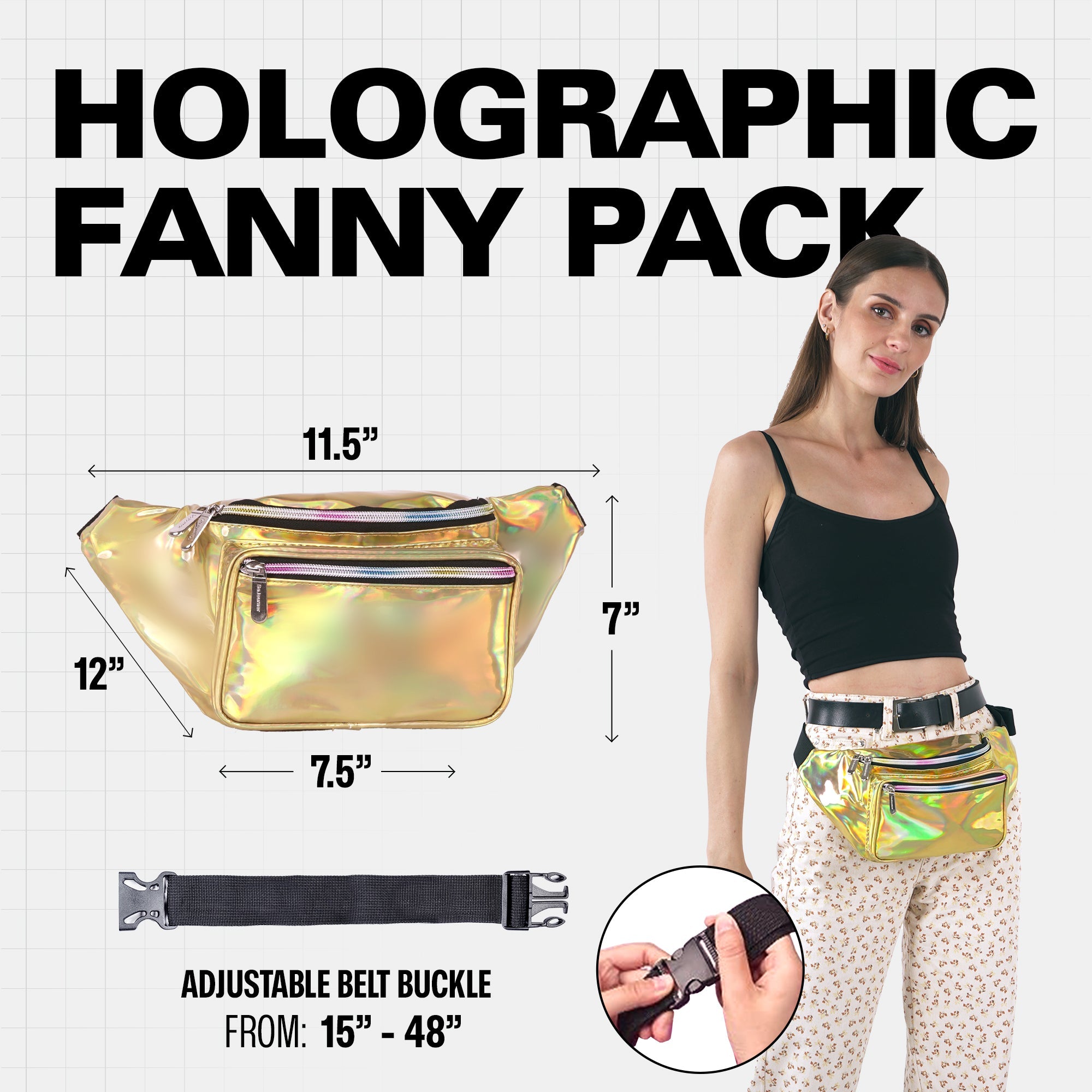 Rave Fanny Pack with adjustable belt buckle, showcasing holographic design, perfect for festivals and travel.