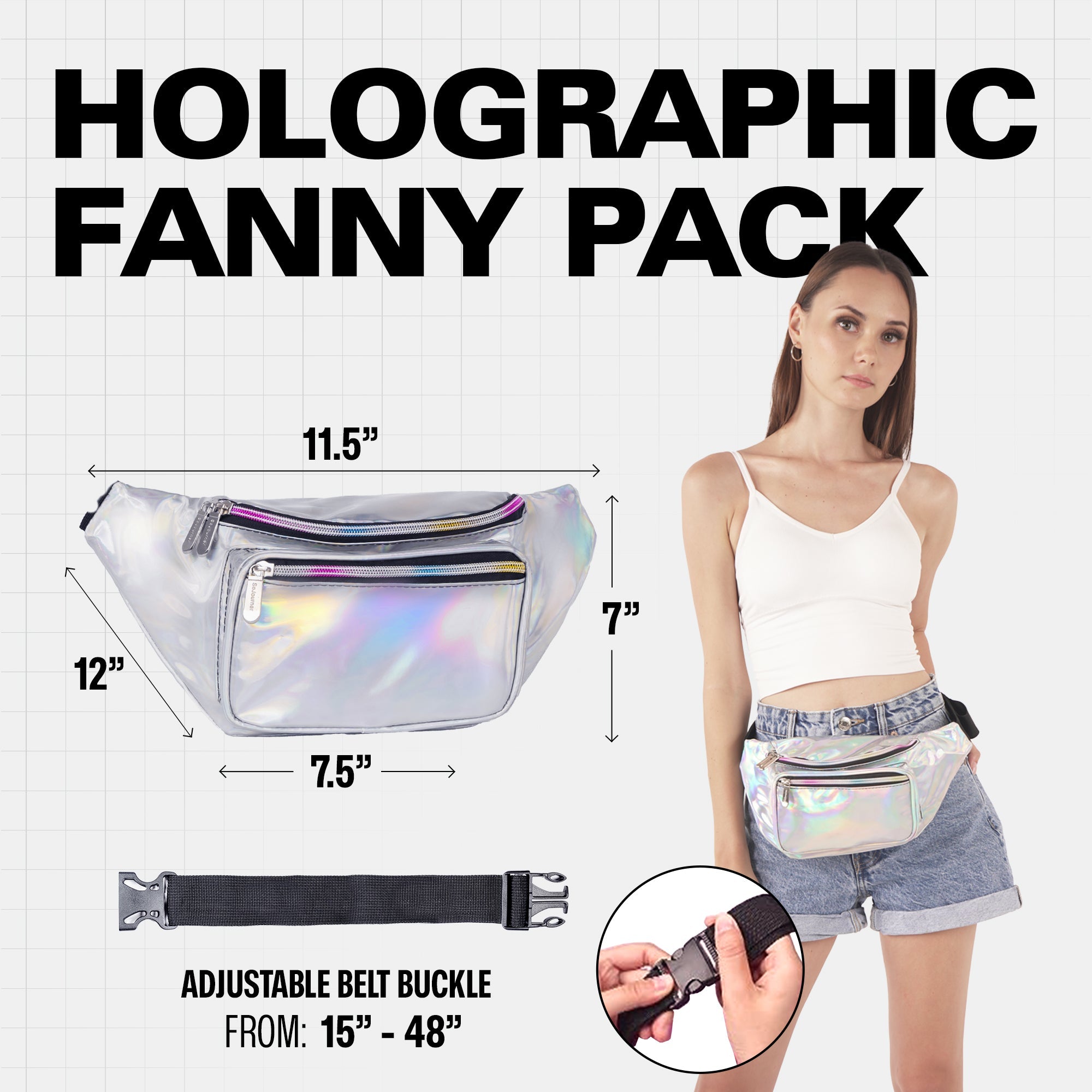 Rave Fanny Pack featuring holographic design, adjustable belt buckle, perfect for festivals and active lifestyles.