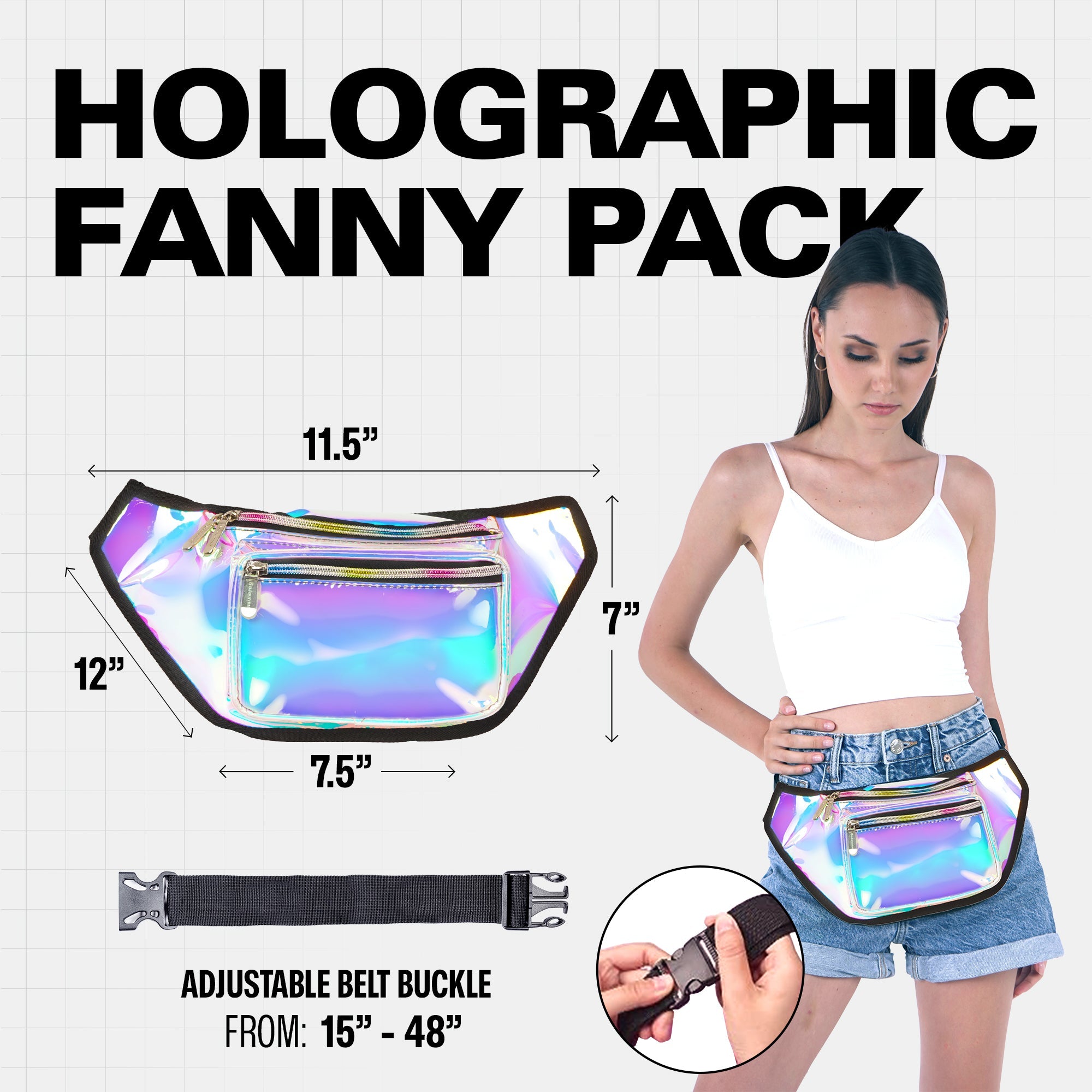 Rave Fanny Pack featuring holographic design, adjustable belt buckle, ideal for festivals and parties.