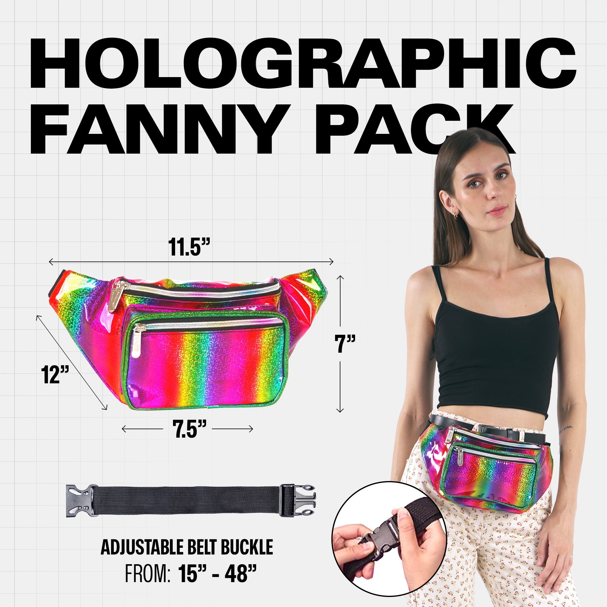 Holographic Rave Fanny Pack with adjustable belt, perfect for festivals and parties.