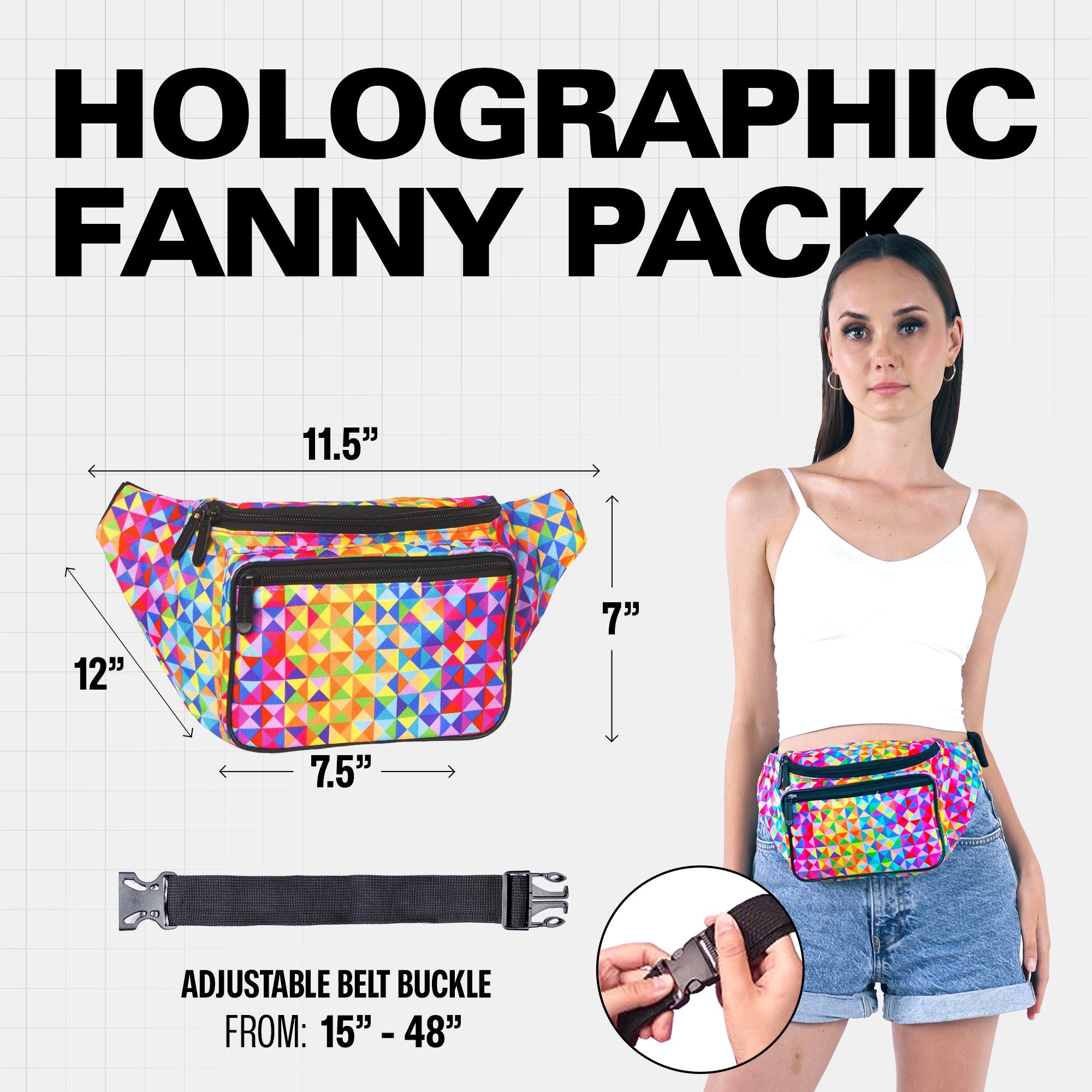 Rave Fanny Pack with holographic design, adjustable belt buckle, perfect for festivals and parties.
