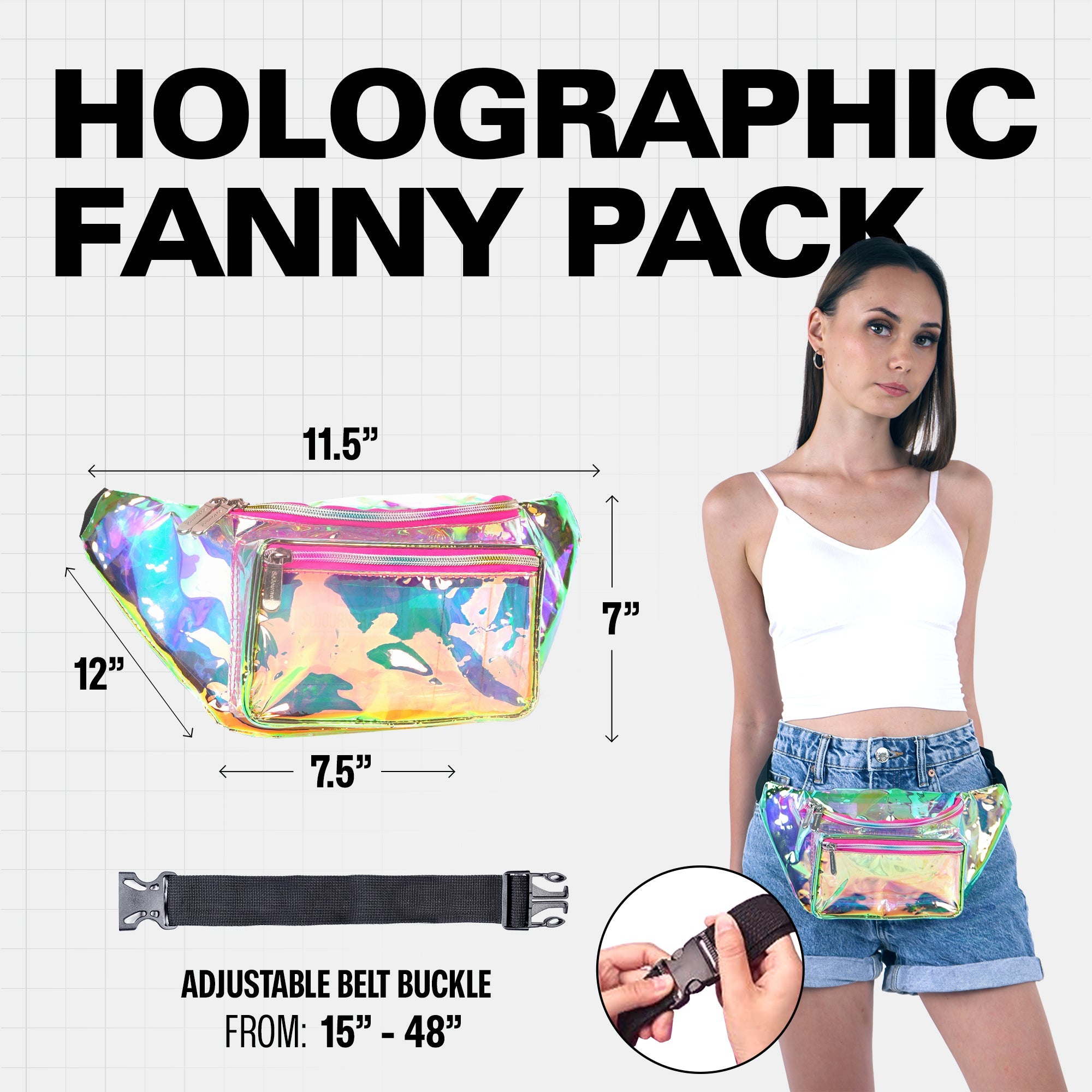 Rave Fanny Pack designed for festivals, featuring holographic design and adjustable belt, perfect for rave outfits.