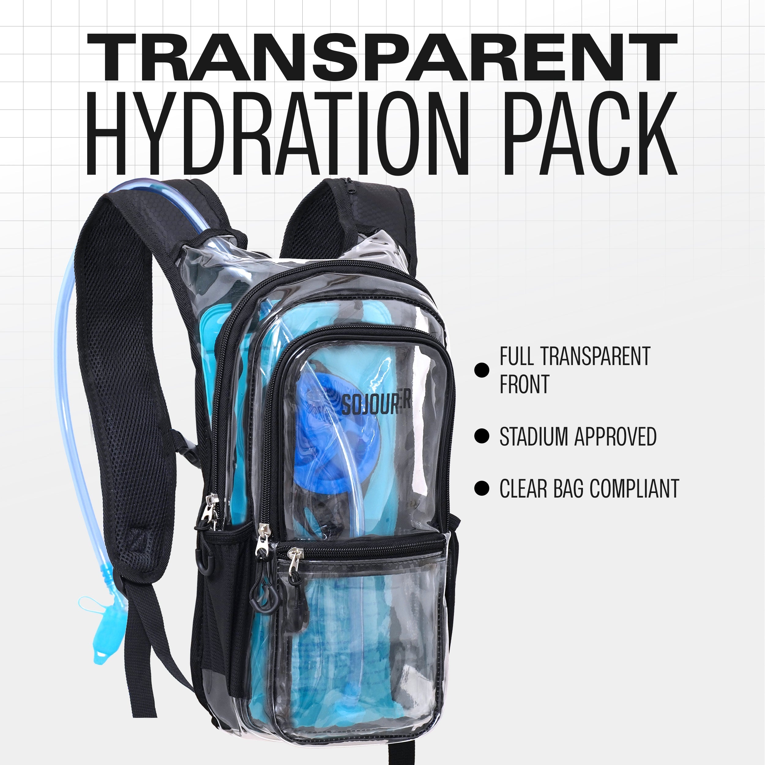 Transparent Hydration Pack Backpack (Medium) with full transparent front, stadium approved, and clear bag compliant.