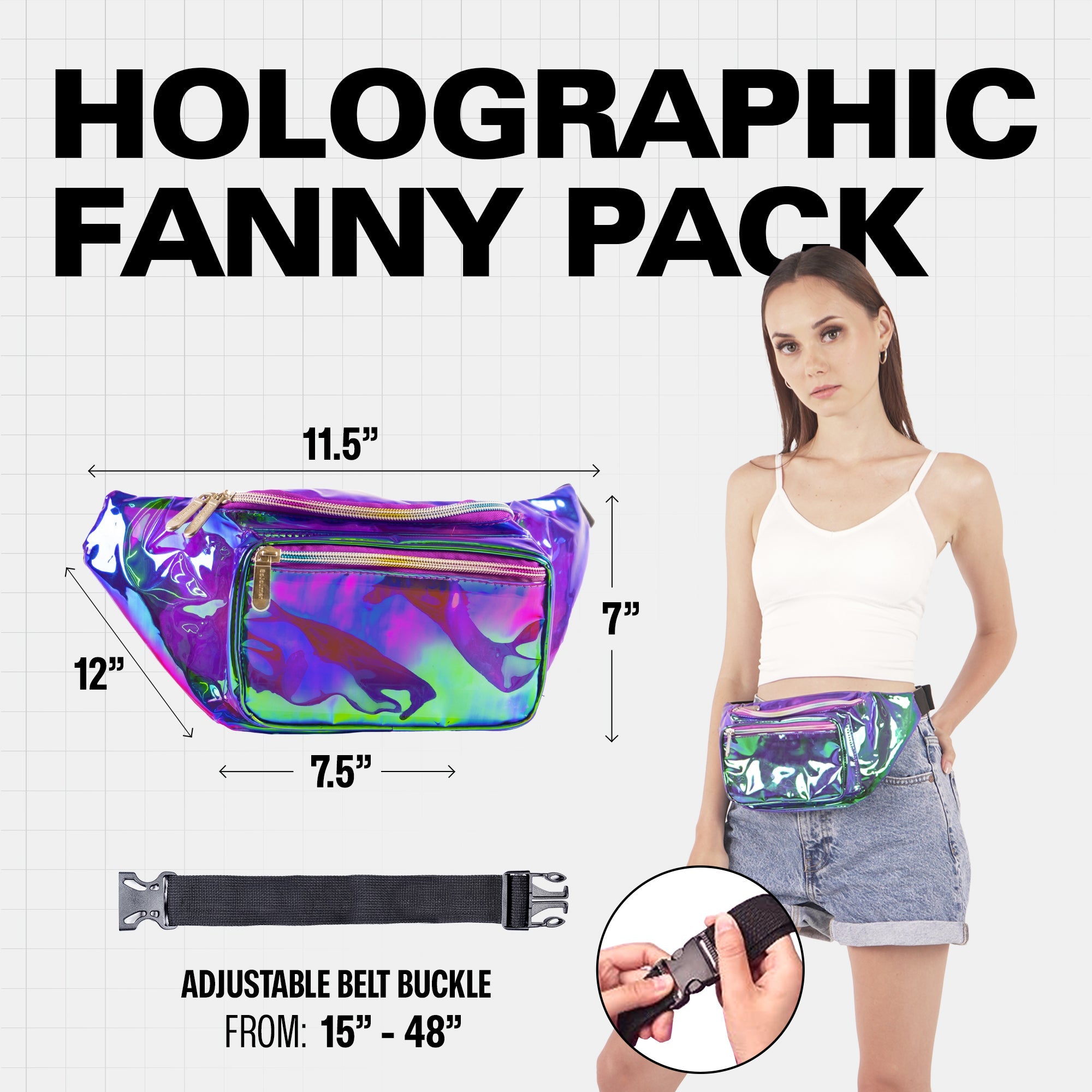 Rave Fanny Pack with holographic design, adjustable belt, perfect for festivals and parties.