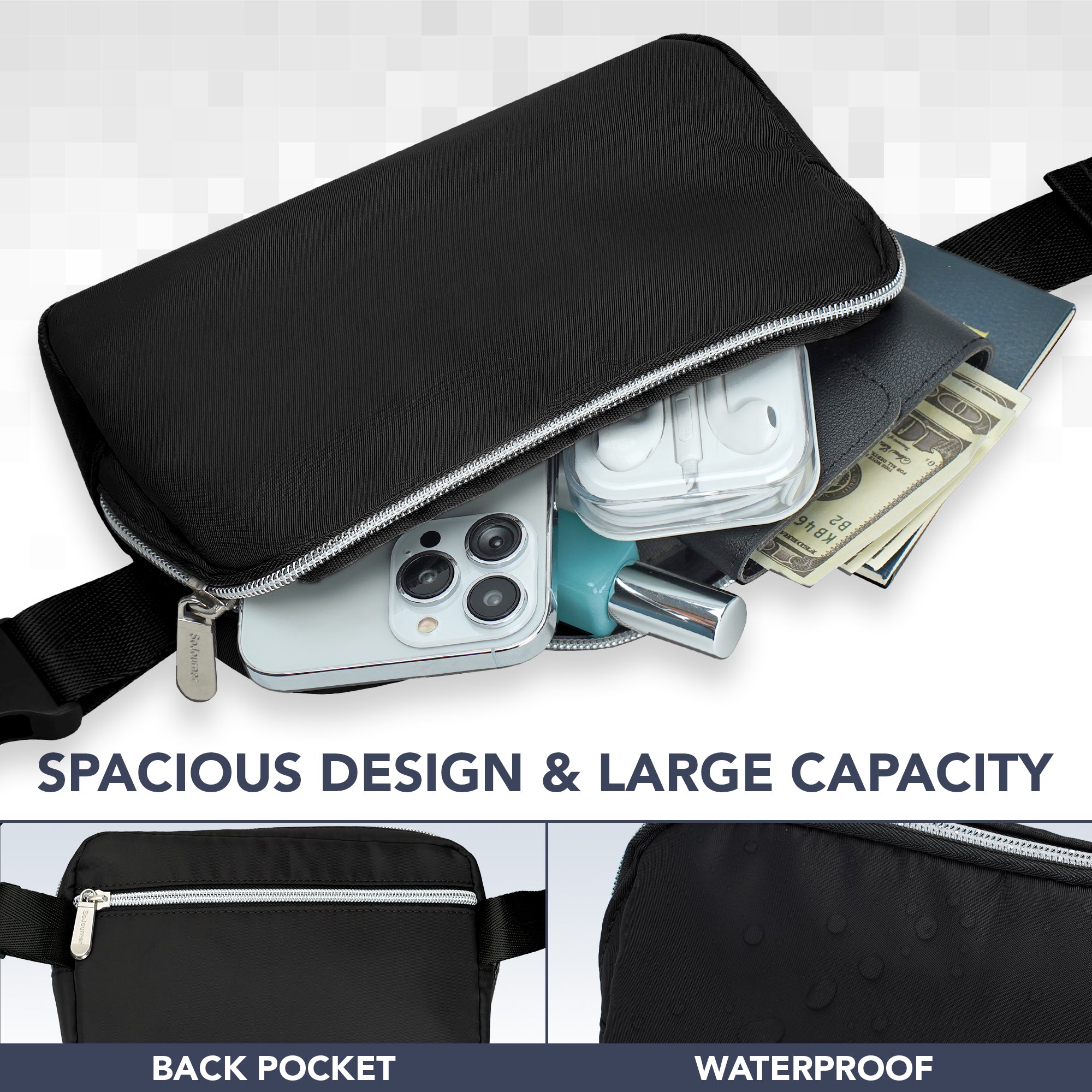 Fanny Pack (1 Pocket) showing spacious design, large capacity, with back pocket and waterproof features.