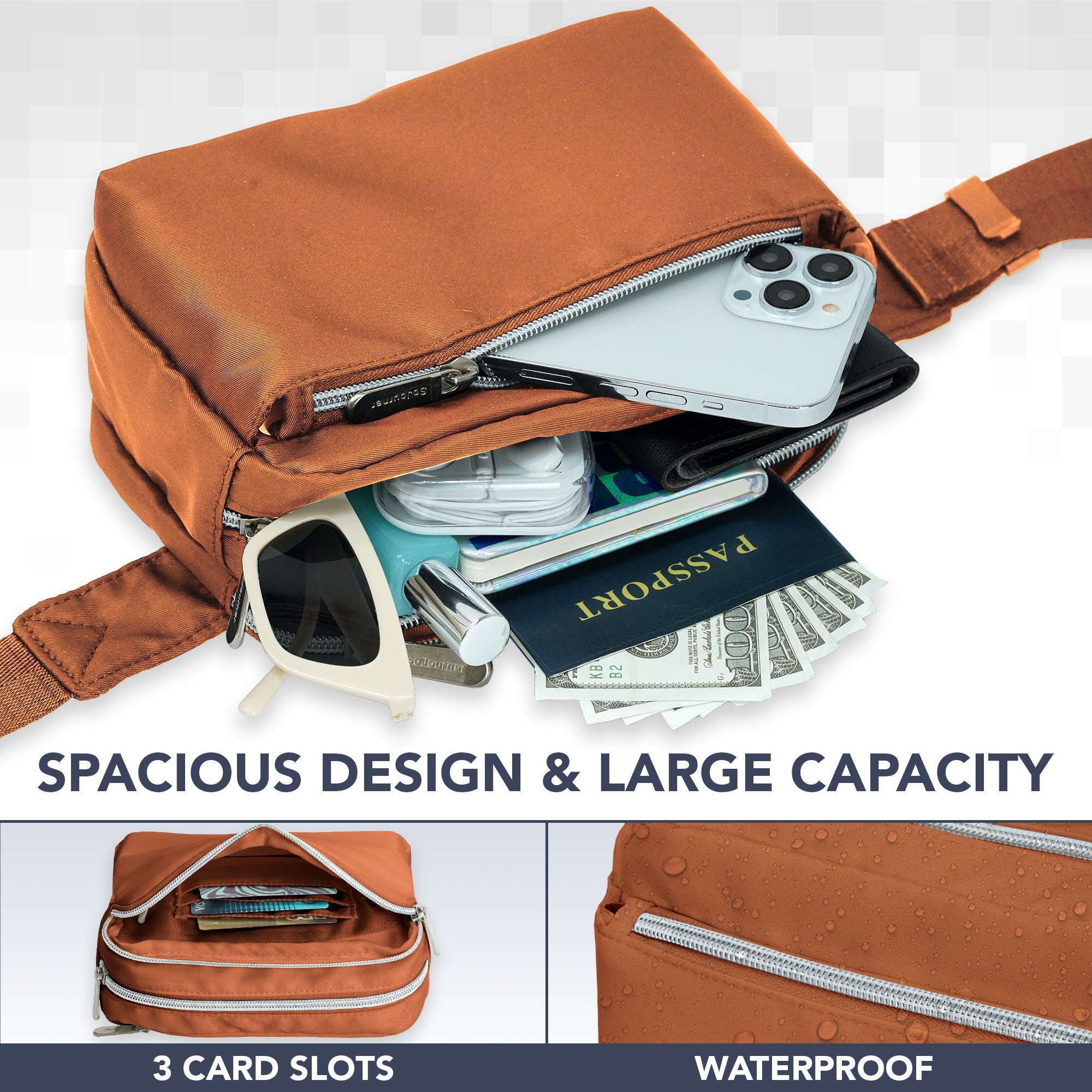 Fanny Pack (3 Pocket) with spacious design, large capacity, 3 card slots, and waterproof material for stylish everyday use.