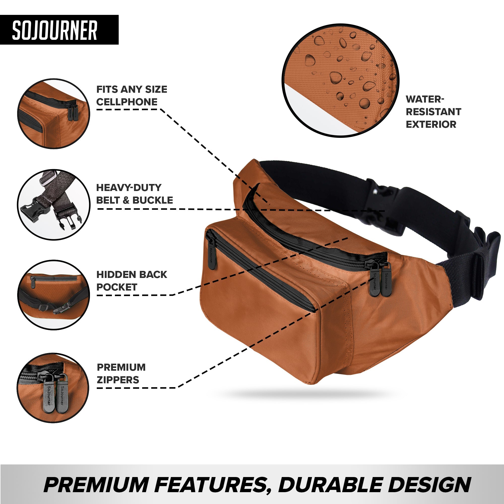 Fanny Pack (Solids) in brown with water-resistant exterior, heavy-duty belt, hidden back pocket, and premium zippers.