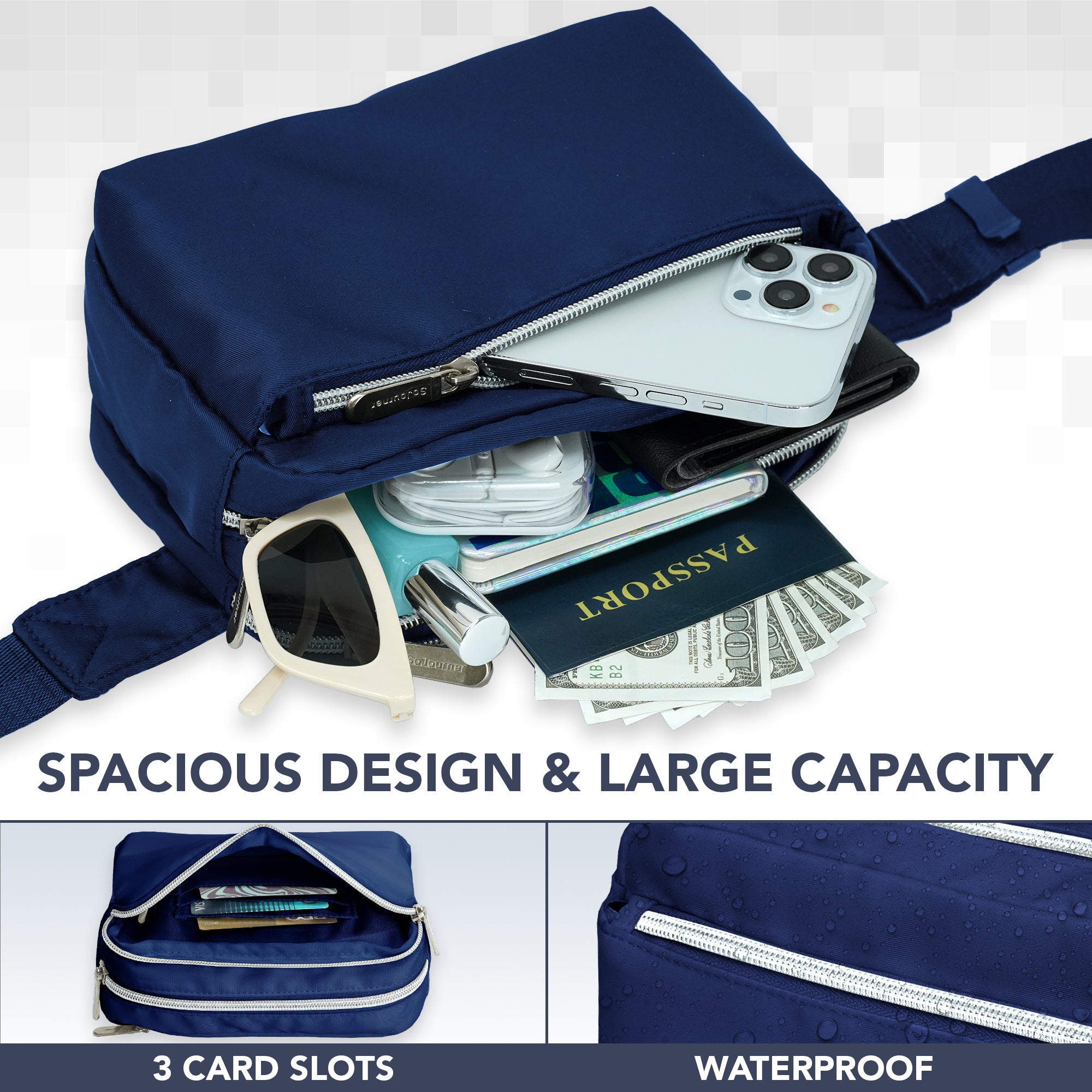 Fanny Pack (3 Pocket) showcasing spacious design and large capacity with storage for essentials like phone, passport, and sunglasses.
