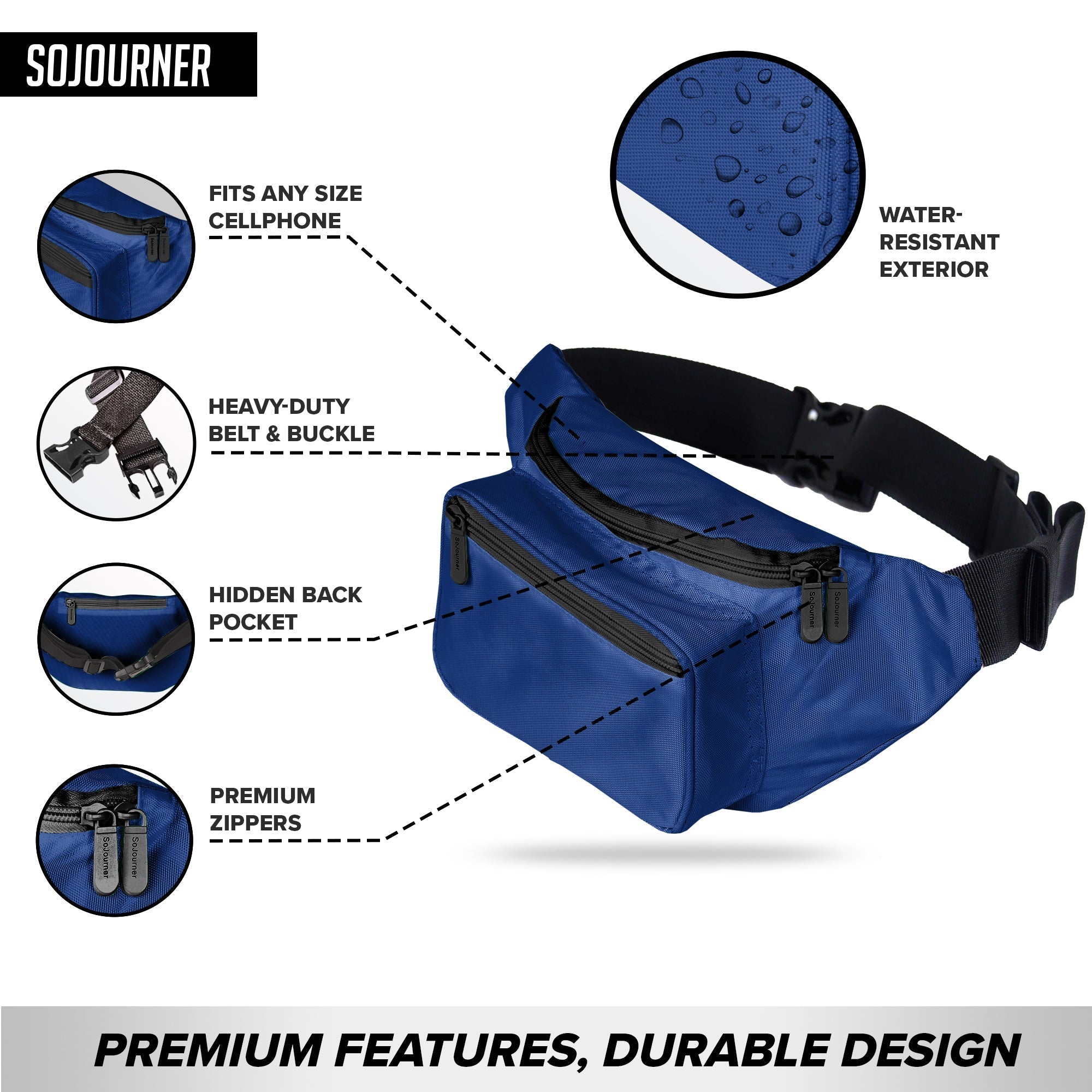 Fanny Pack (Solids) features spacious design with hidden back pocket, water-resistant exterior, and adjustable belt.