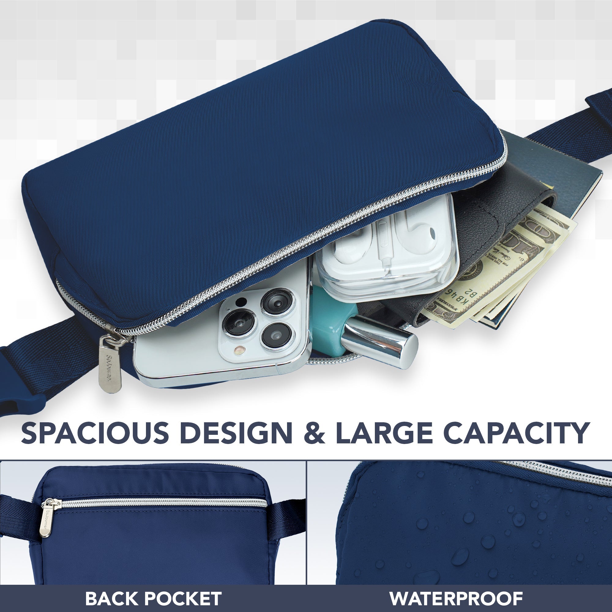 Fanny Pack (1 Pocket) with spacious design, waterproof features, and large capacity for essentials.