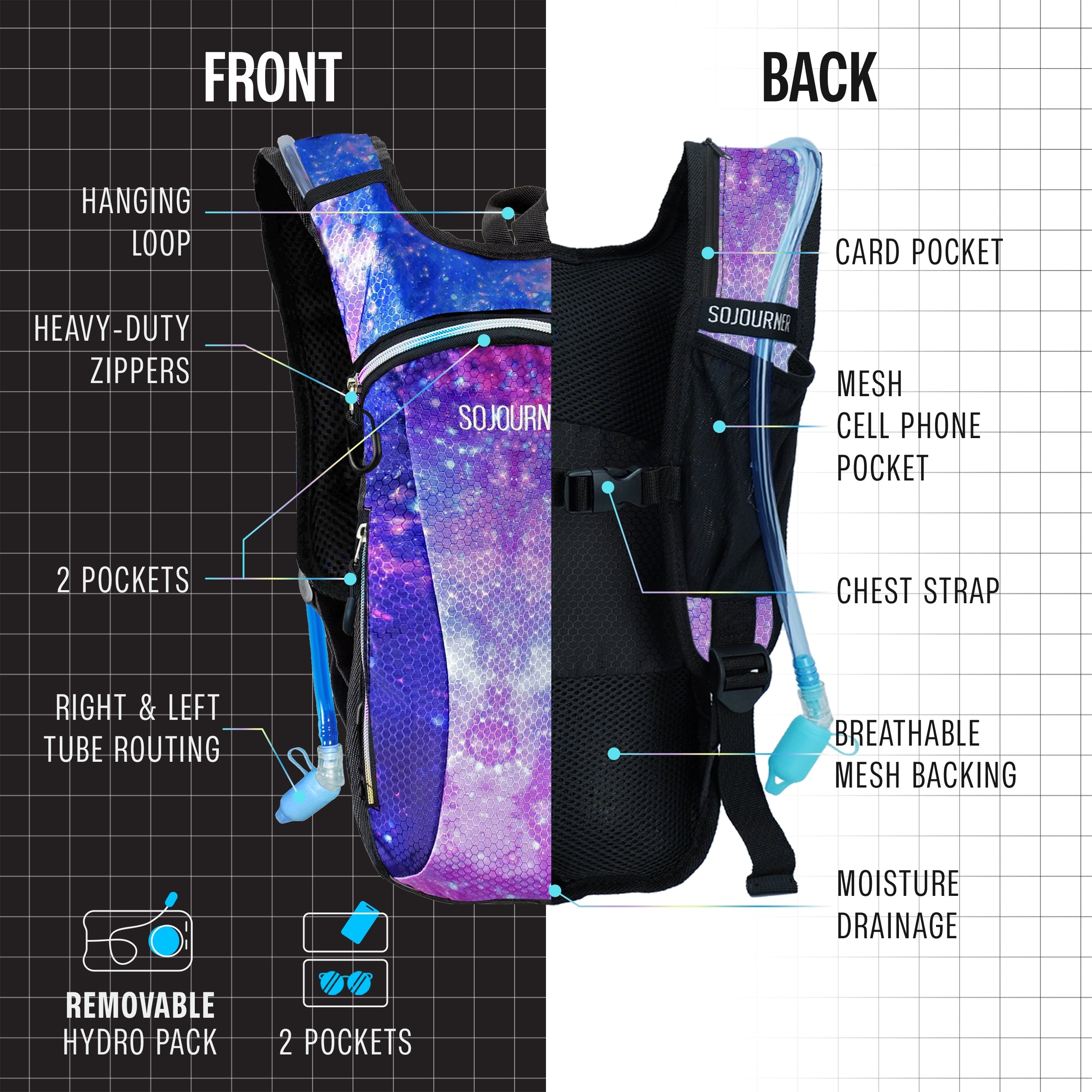 Hydration Pack Backpack (Small) features removable hydro pack, mesh pockets, and adjustable straps for comfort.