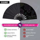 Festival Fans comparison showing durable SoJourner rave fan vs. traditional hand fan materials and features.
