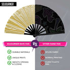 Comparison of SoJourner Festival Fans with benefits displayed, highlighting durable materials and unique prints.
