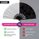 Festival Fans comparison showing SoJourner Rave Fan vs other hand fans with durable materials and unique prints.