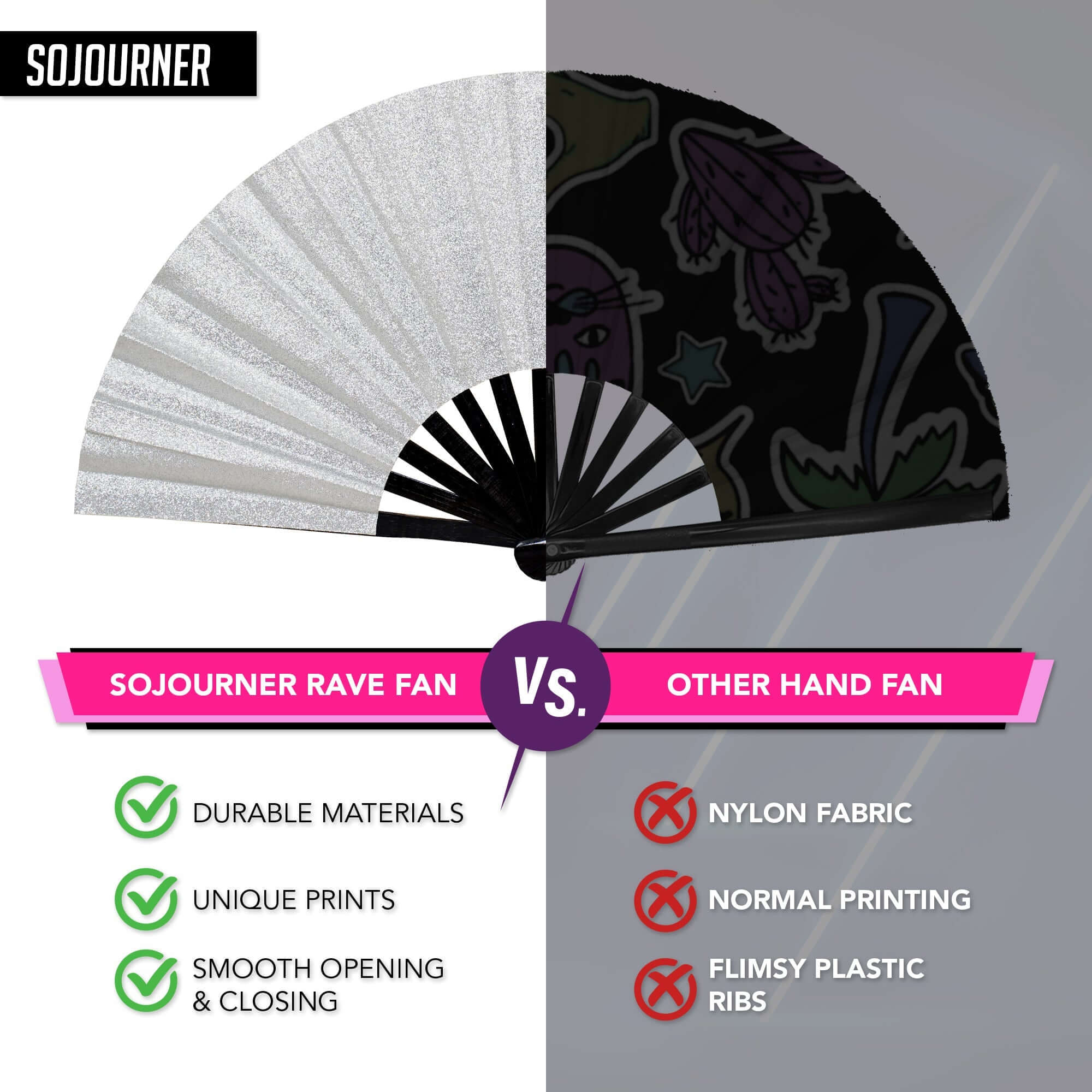 Festival Fans comparison showing SoJourner Rave Fan vs other hand fans with durable materials and unique prints.