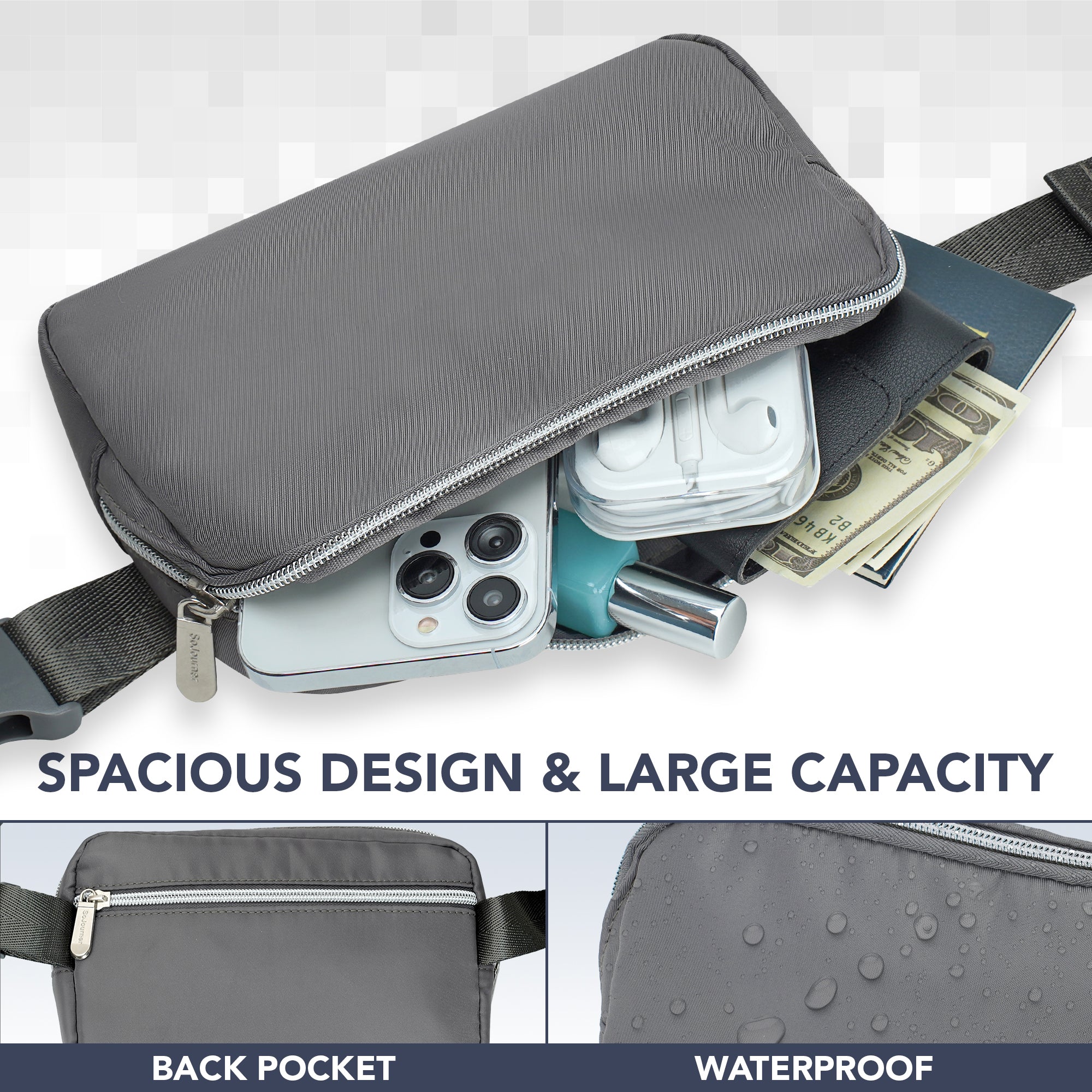 Fanny Pack (1 Pocket) showcasing spacious design, large capacity, waterproof features, ideal for rave outfits.