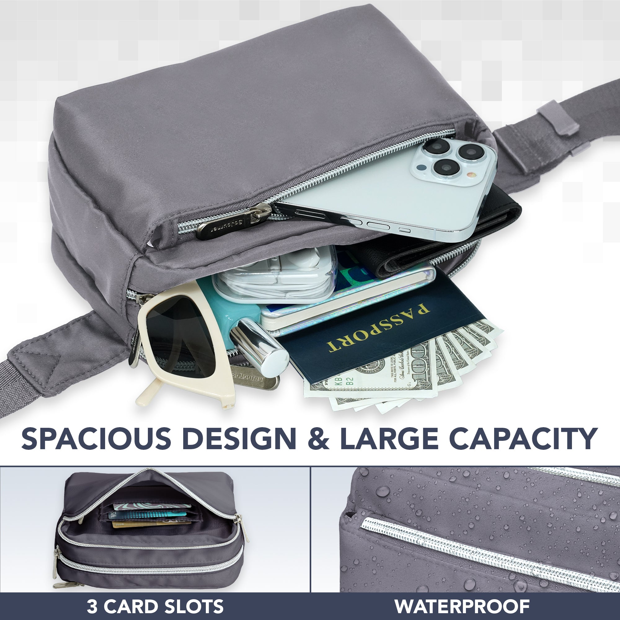 Fanny Pack (3 Pocket) with spacious design, large capacity, and waterproof features for stylish rave outfits.