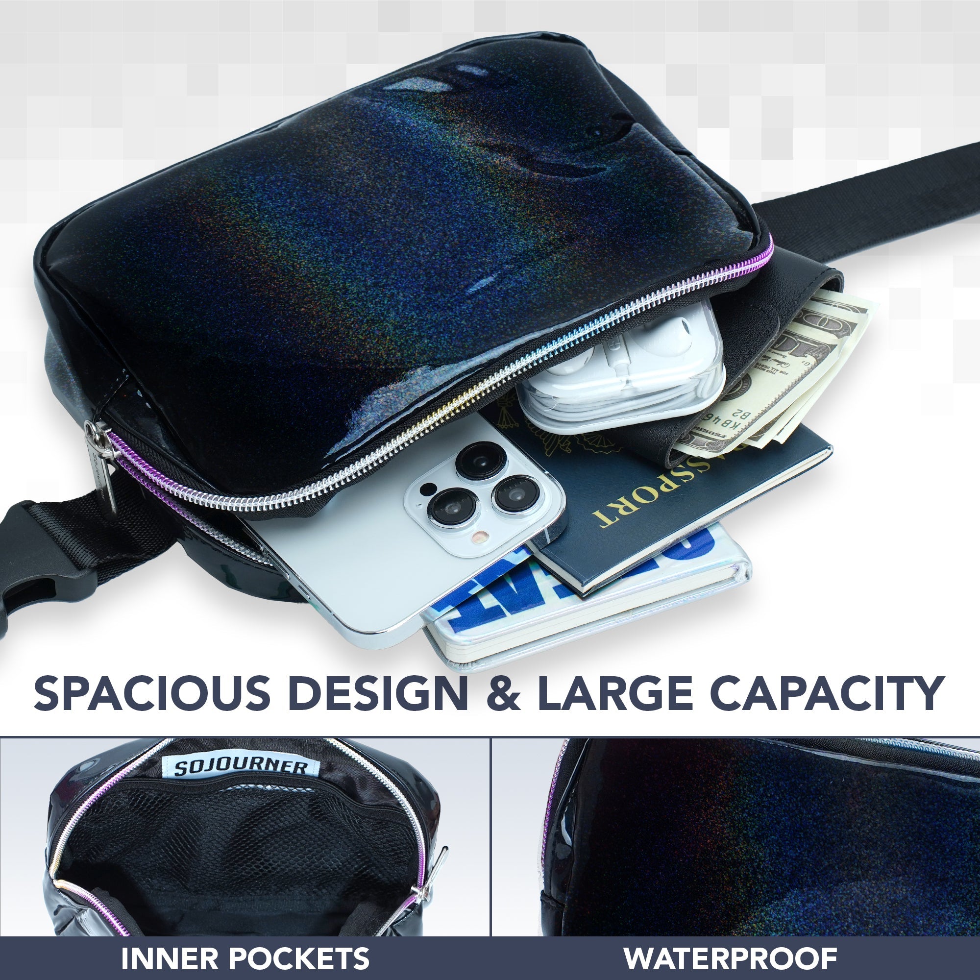 Fanny Pack (1 Pocket) shown with spacious design, large capacity, and waterproof features in a stylish black finish.