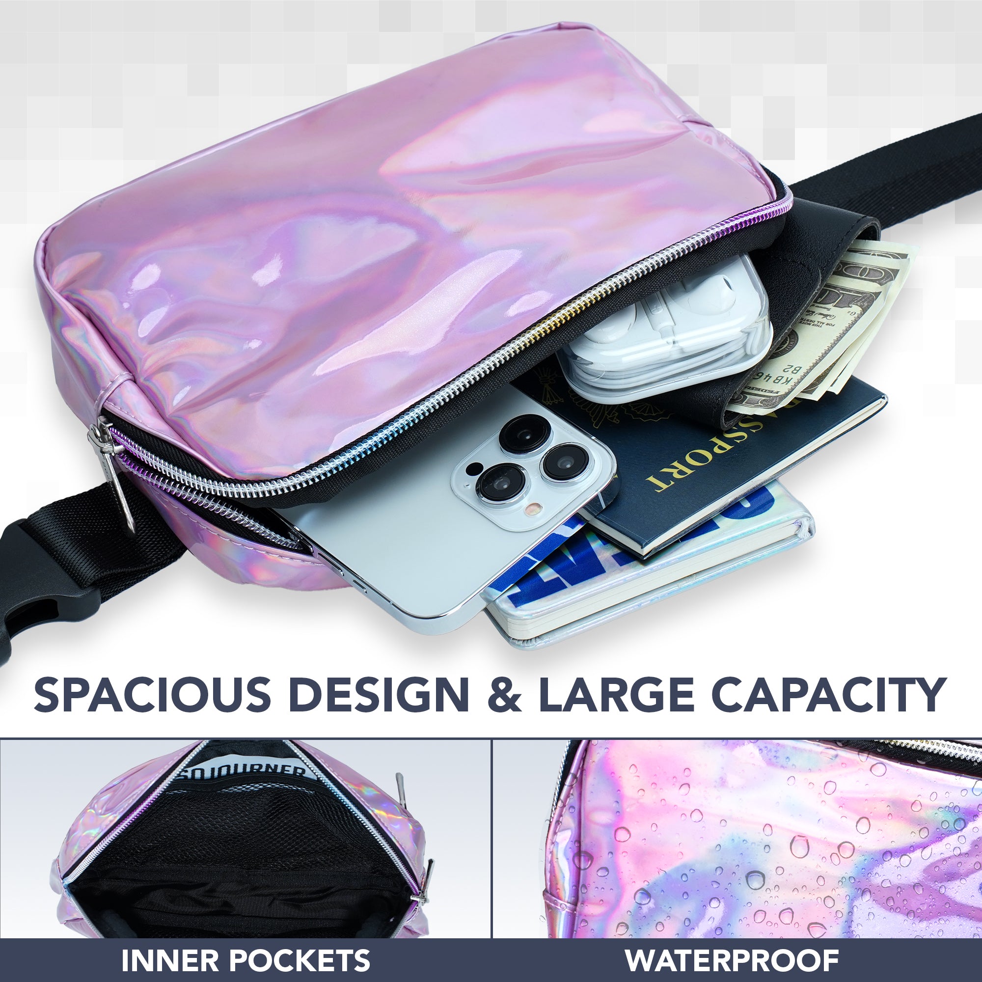 Fanny Pack (1 Pocket) showing spacious design, inner pockets, and waterproof material for stylish and functional rave outfits.