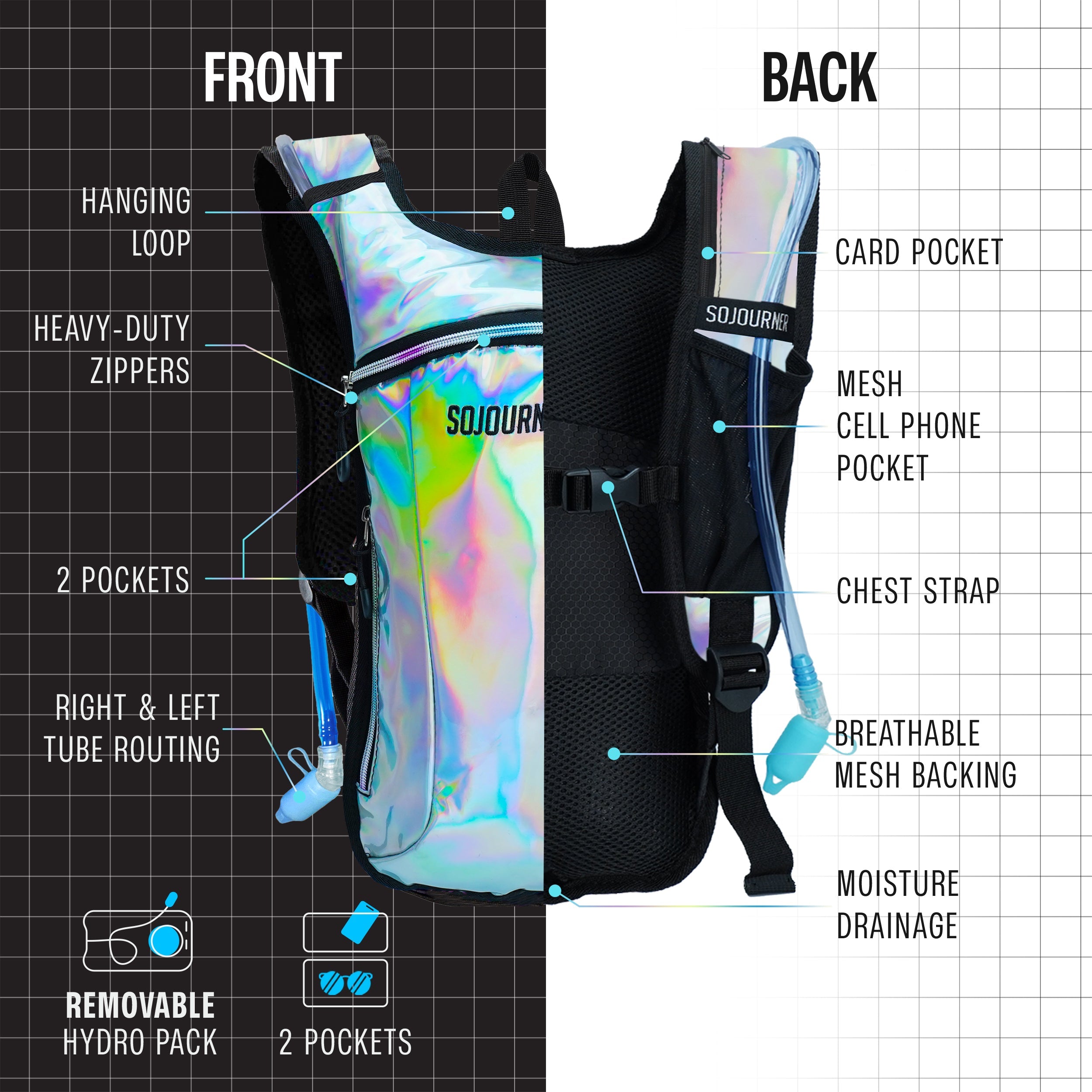 Hydration Pack Backpack (Small) with front and back features including pockets and breathable mesh.