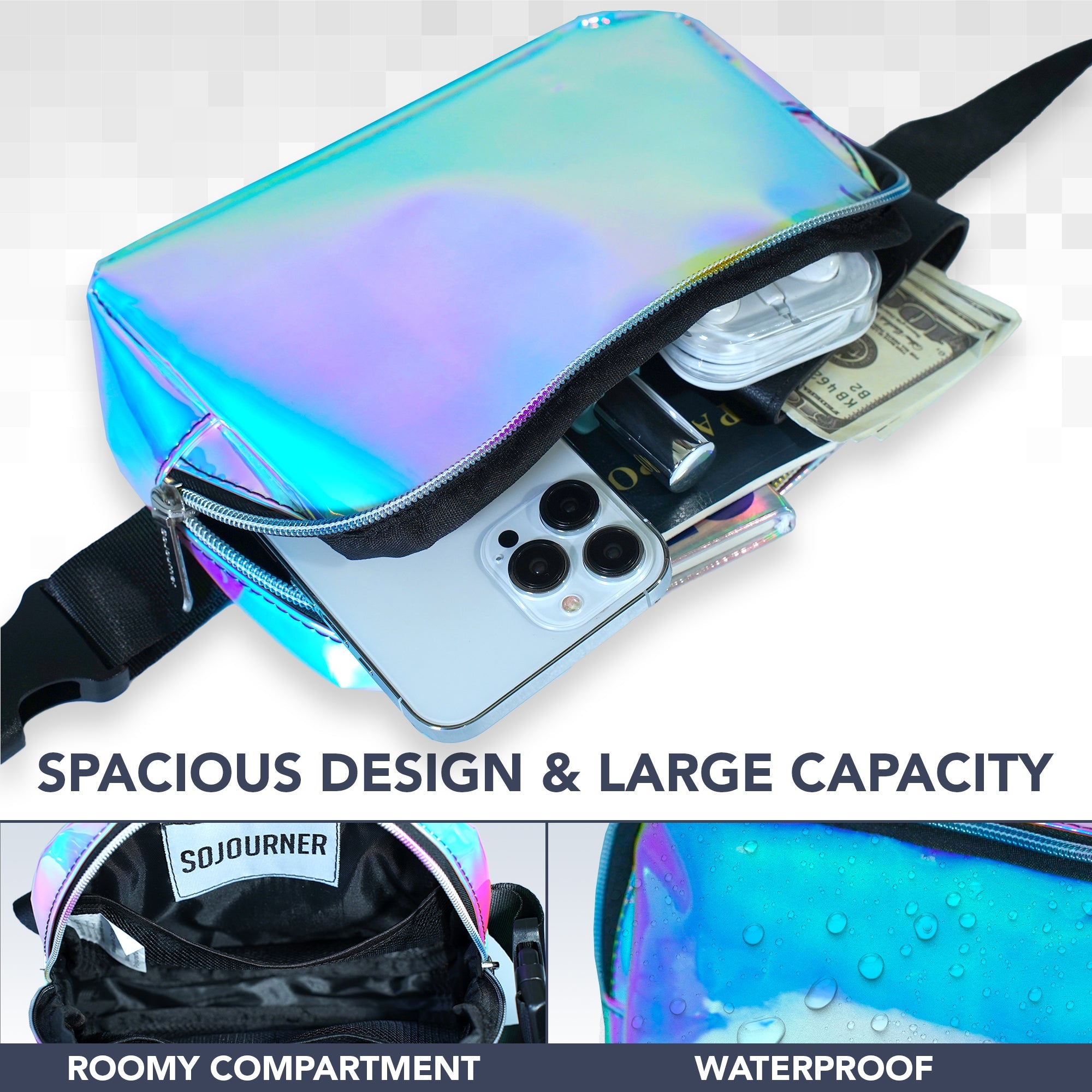 Fanny Pack (1 Pocket) with spacious design, large capacity, waterproof features, and stylish holographic finish.