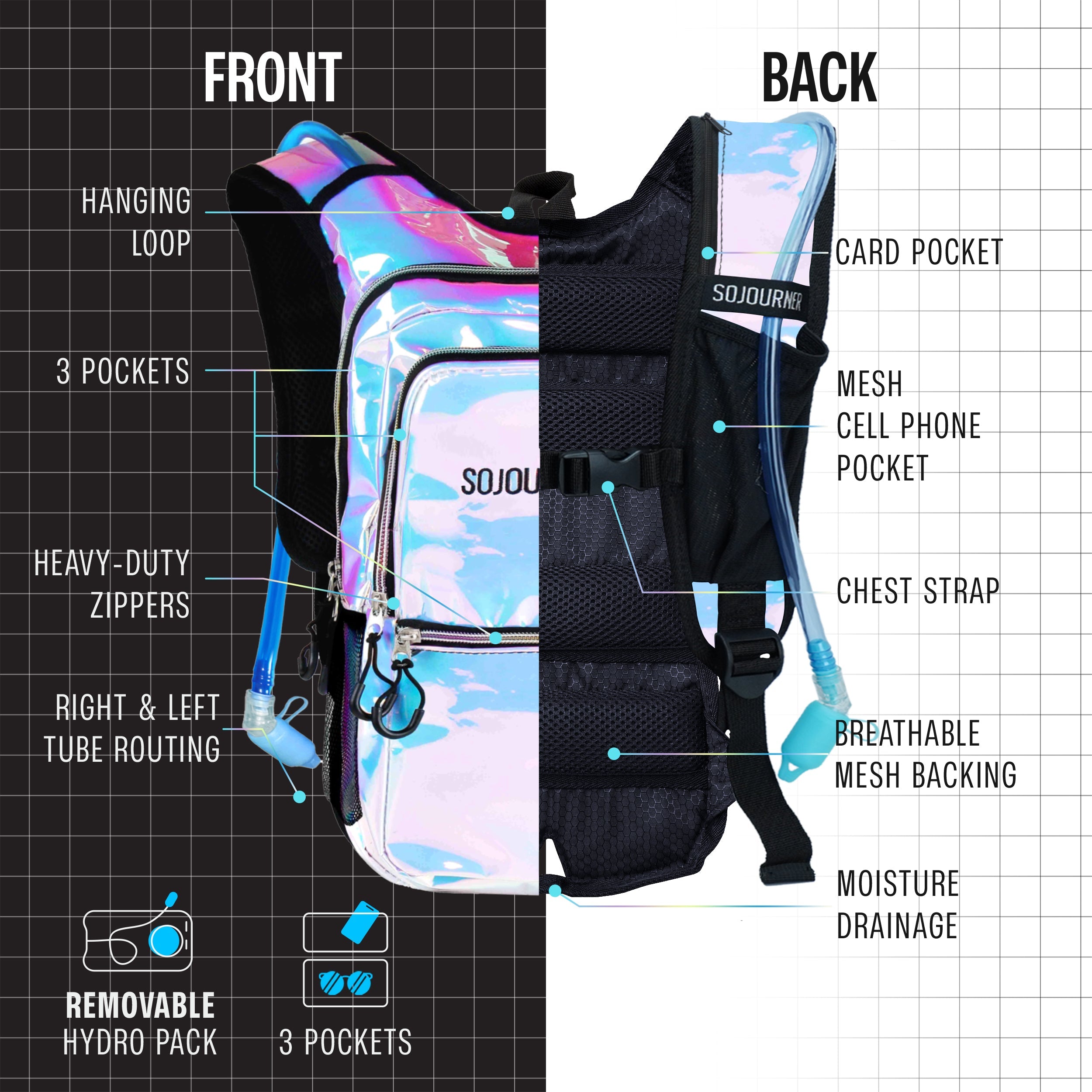 Hydration Pack Backpack (Medium) front and back view with features like pockets and breathable mesh backing.