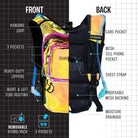 Hydration Pack Backpack (Medium) front and back view showcasing pockets, zippers, hanging loop, and removable hydro pack.