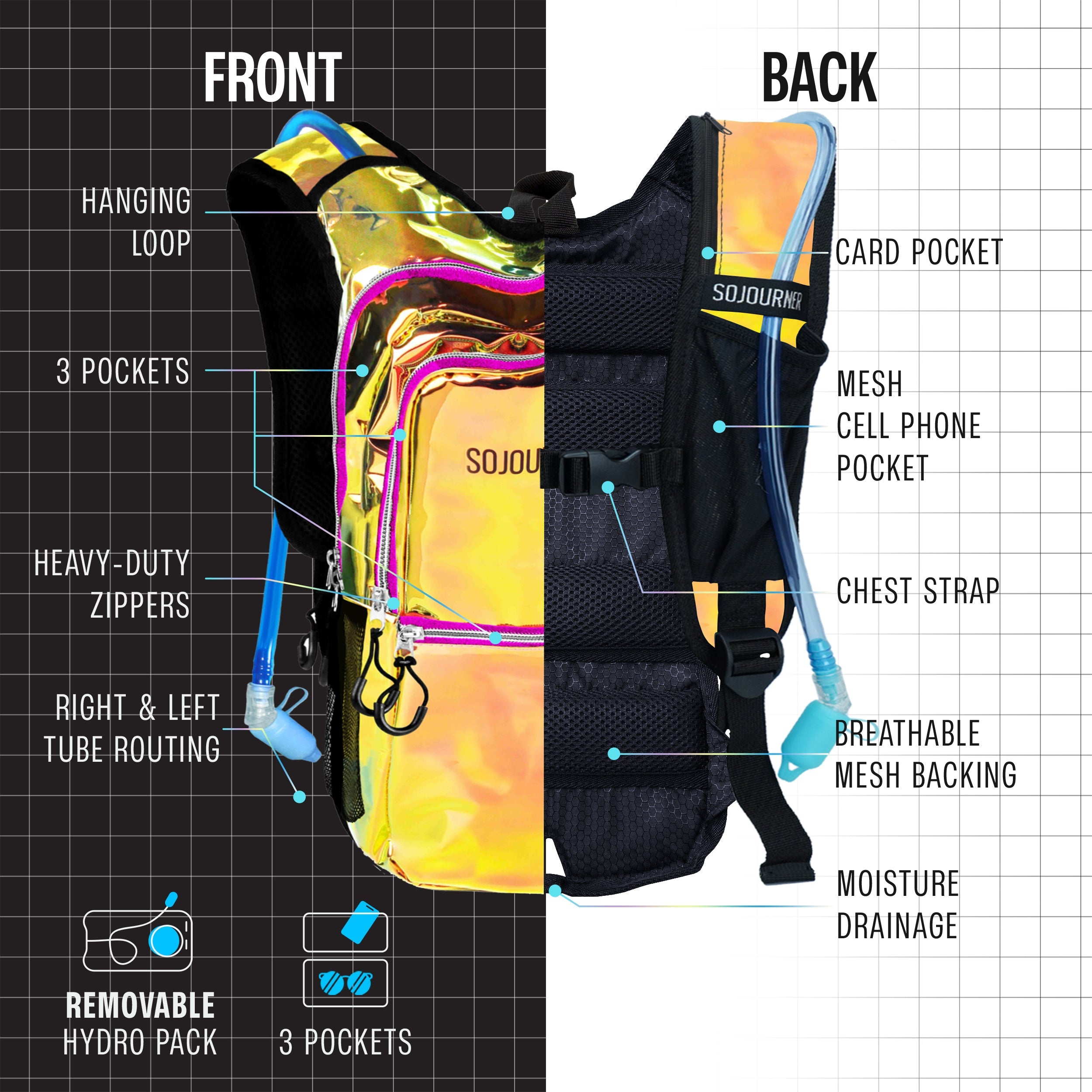 Hydration Pack Backpack (Medium) front and back view showcasing pockets, zippers, hanging loop, and removable hydro pack.