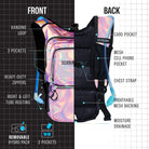 Hydration Pack Backpack (Medium) featuring multiple pockets, breathable mesh backing, and a removable hydro pack.