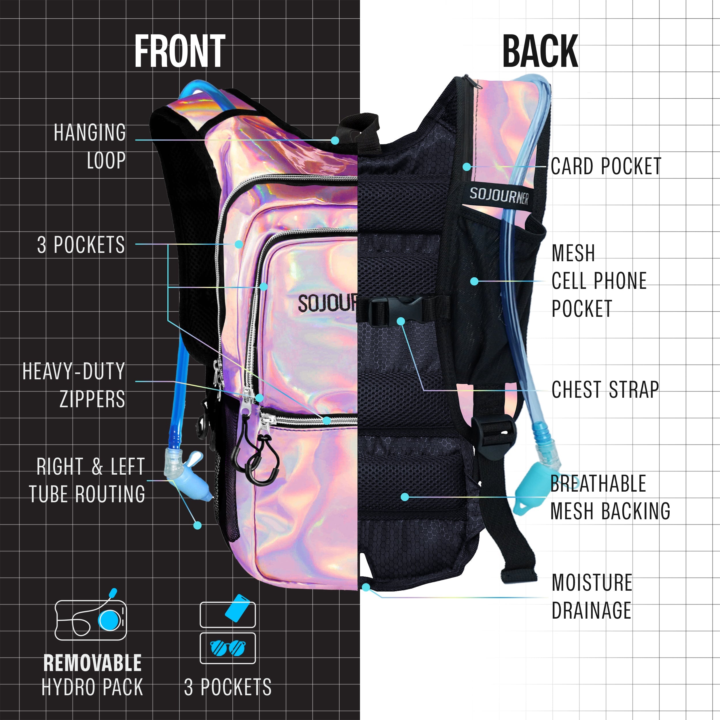 Hydration Pack Backpack (Medium) featuring multiple pockets, breathable mesh backing, and a removable hydro pack.