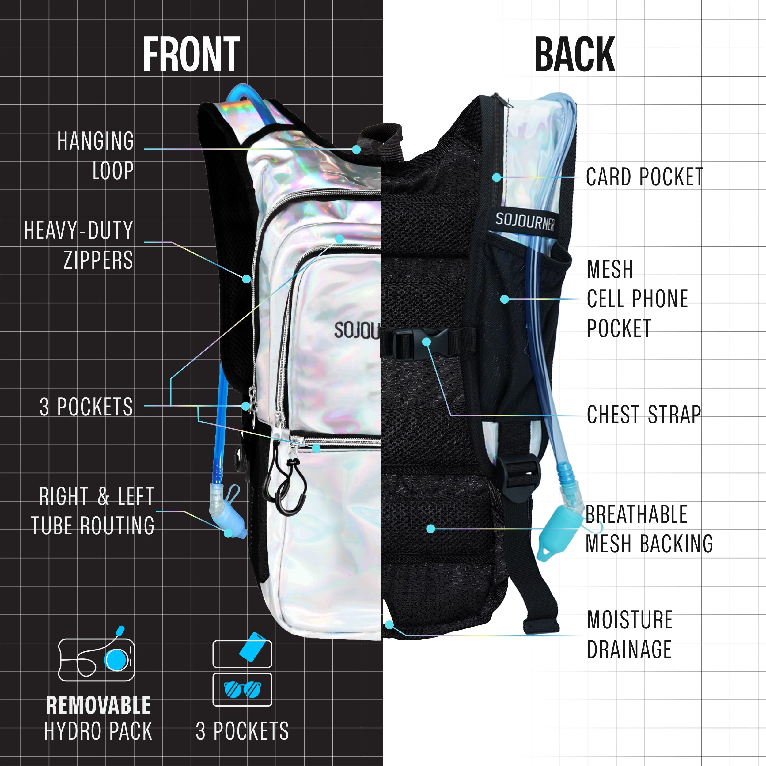 Hydration Pack Backpack (Medium) with front and back features, pockets, and removable hydro pack for comfort.