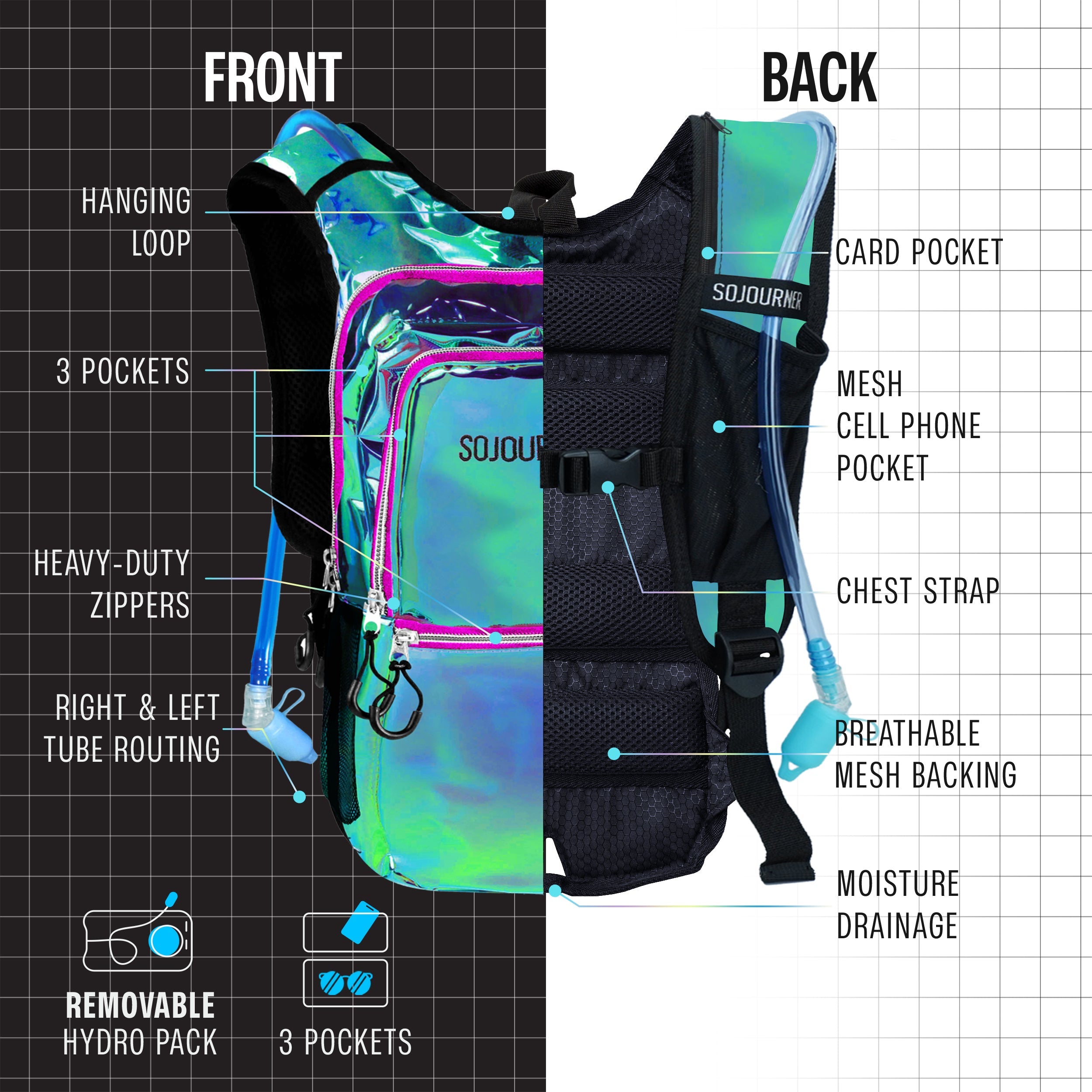 Hydration Pack Backpack (Medium) features adjustable straps, pockets, and a removable hydro pack for ultimate comfort.