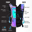 Hydration Pack Backpack (Medium) front and back view showing pockets, straps, and features for comfortable carry.