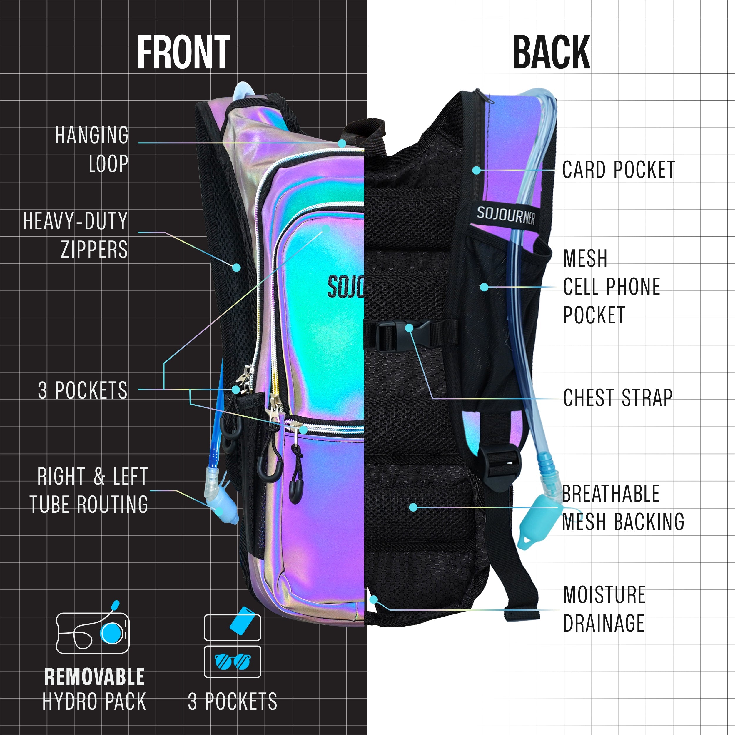 Hydration Pack Backpack (Medium) front and back view showing pockets, straps, and features for comfortable carry.