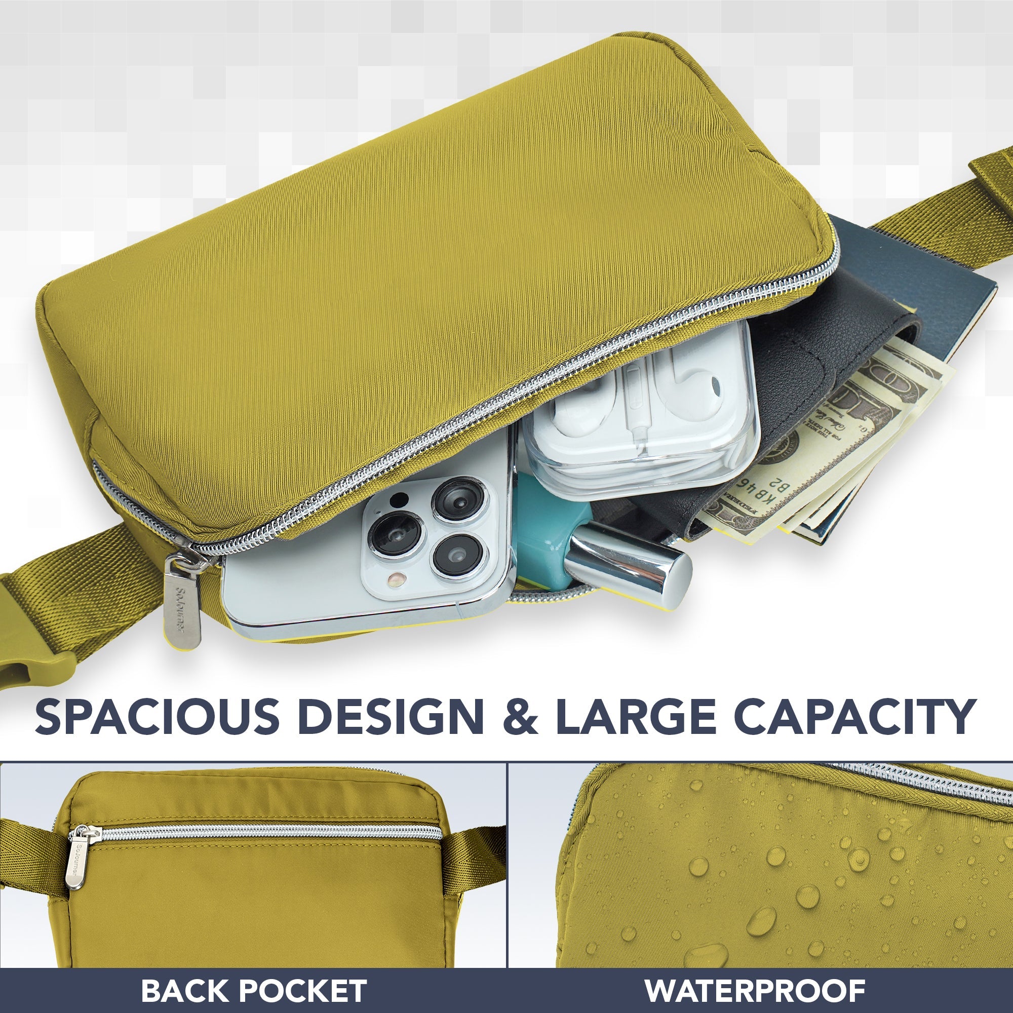 Fanny Pack (1 Pocket) showing spacious design with phone, airpods, and cash, emphasizing large capacity and waterproof nature.
