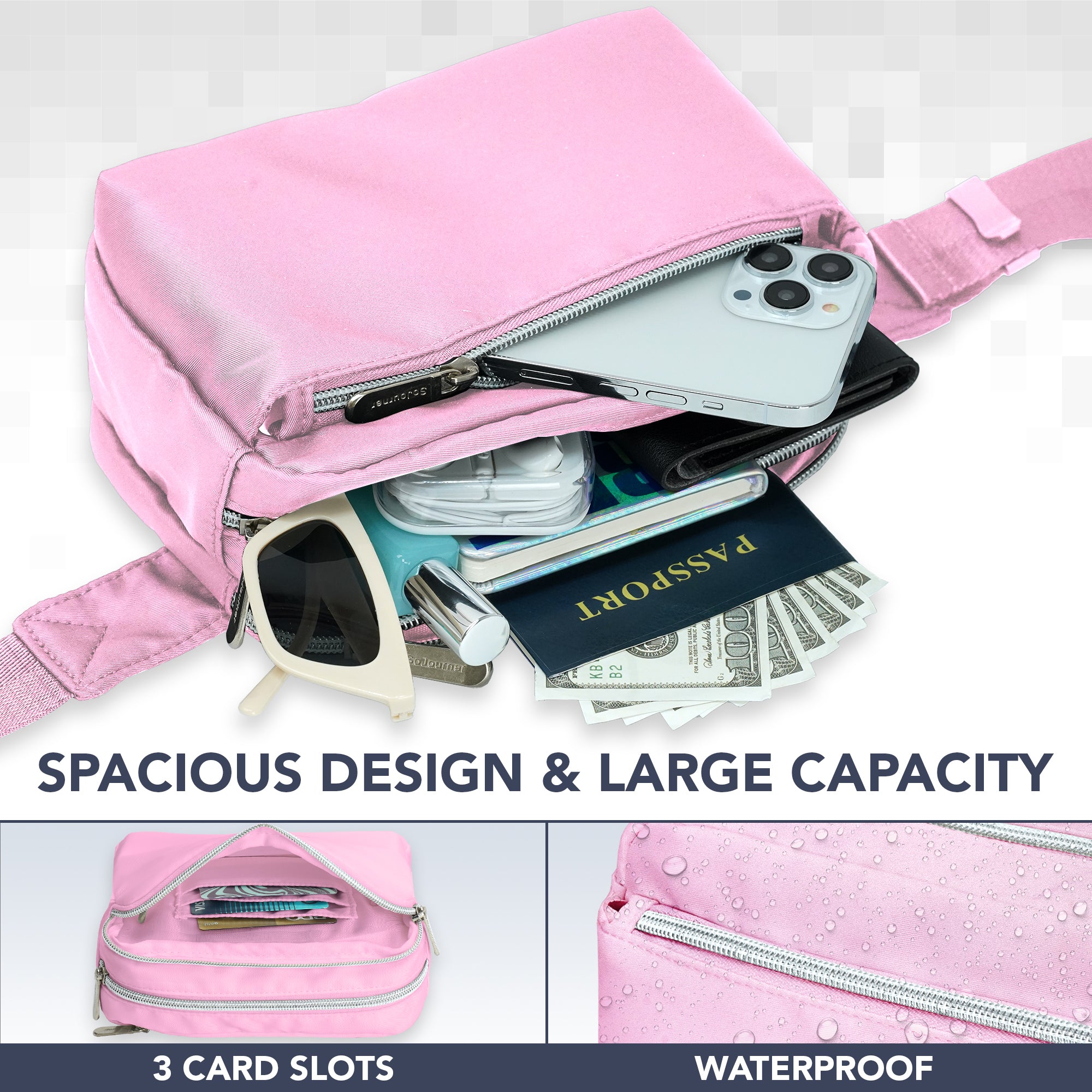 Fanny Pack (3 Pocket) showing spacious design and large capacity with pink color, 3 card slots, and waterproof feature.