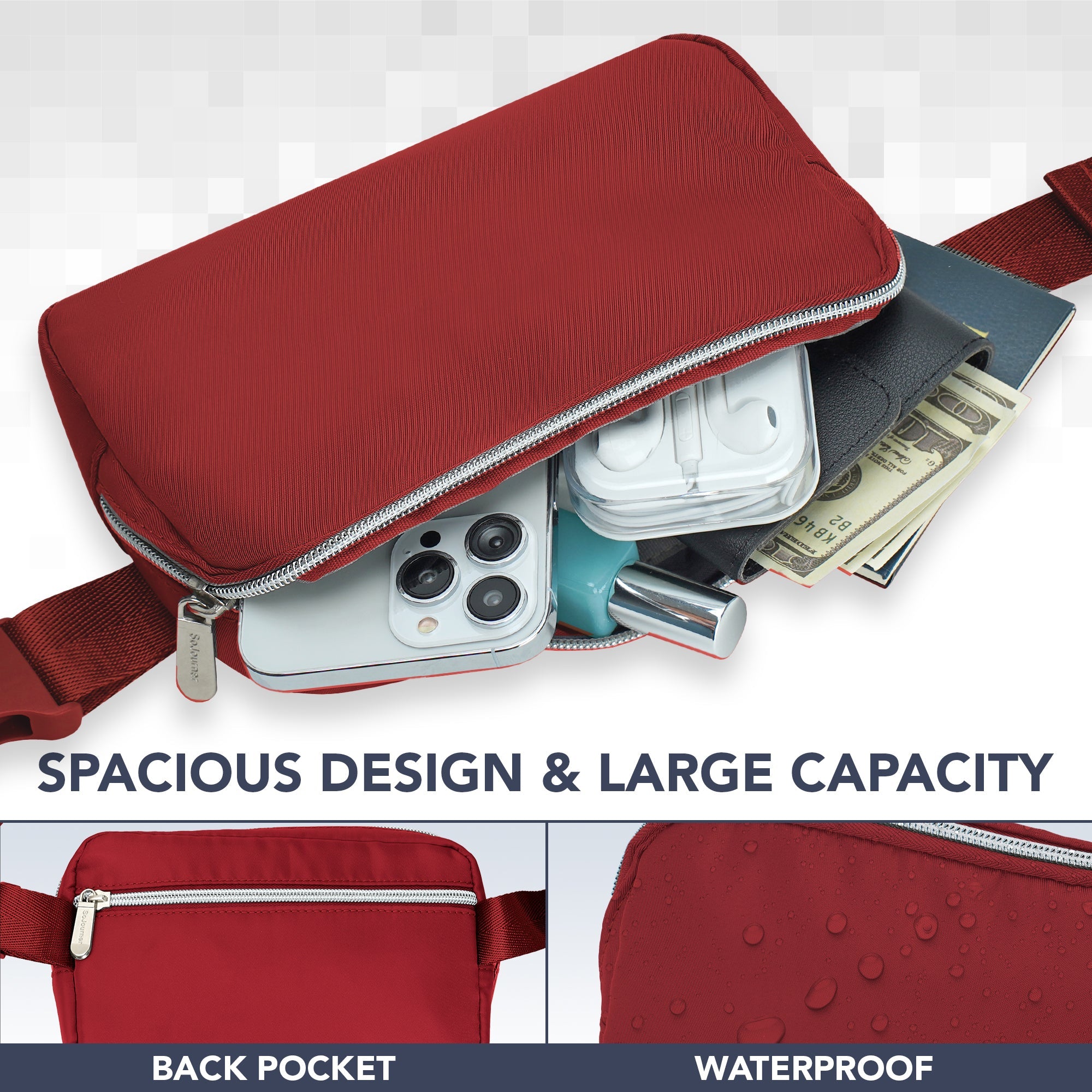 Fanny Pack (1 Pocket) in red showcasing spacious design and large capacity for Rave Outfits, featuring waterproof material.