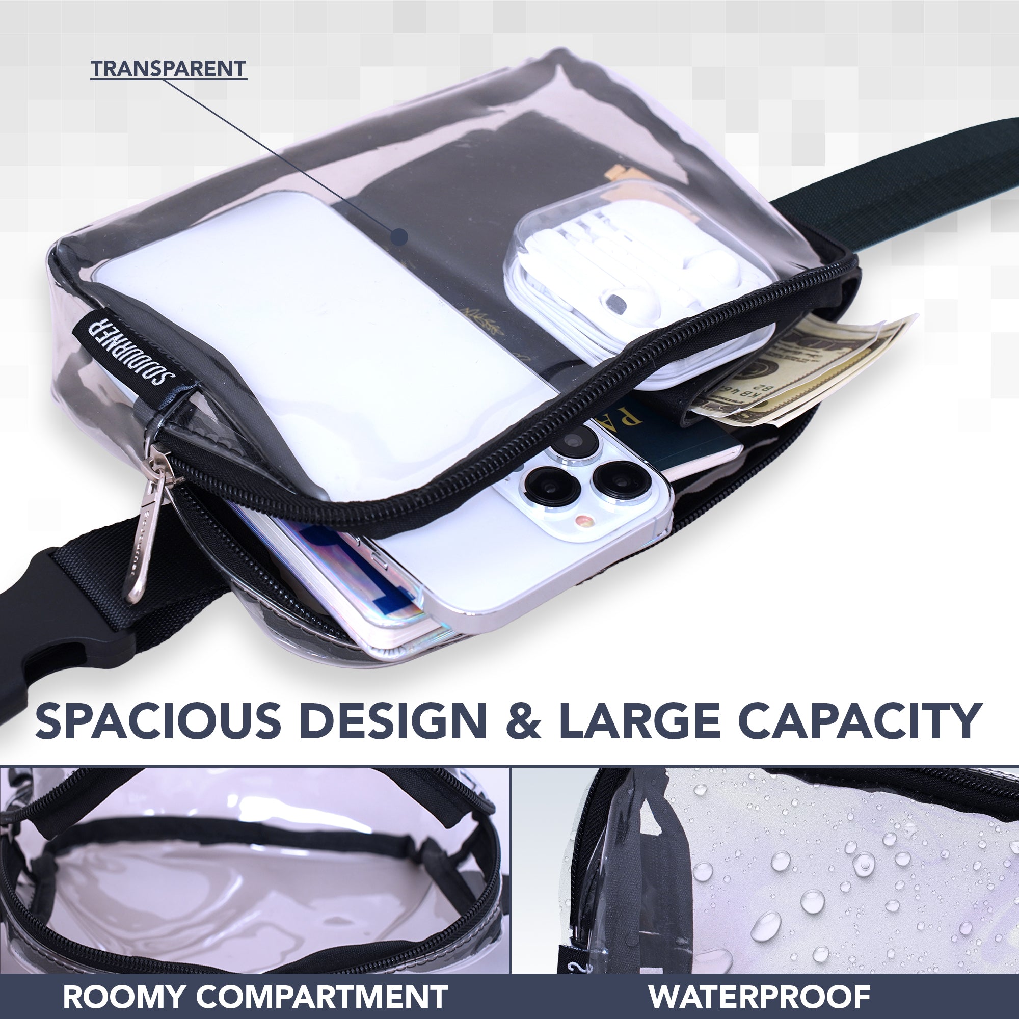 Fanny Pack (1 Pocket) with spacious design, waterproof features, and room for phone and cash, perfect for rave outfits.
