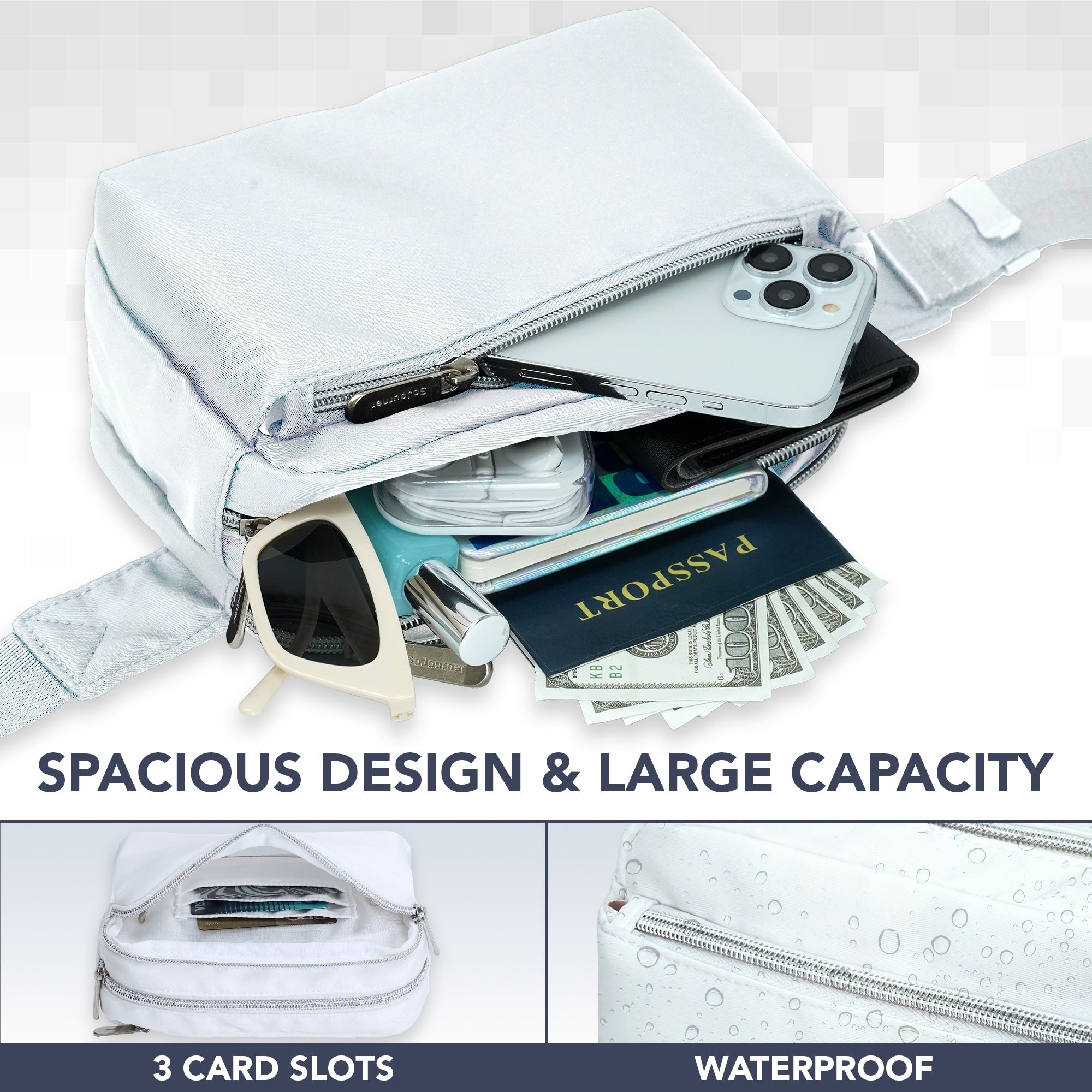 Fanny Pack (3 Pocket) with spacious design, large capacity, card slots, and waterproof features, perfect for rave outfits.