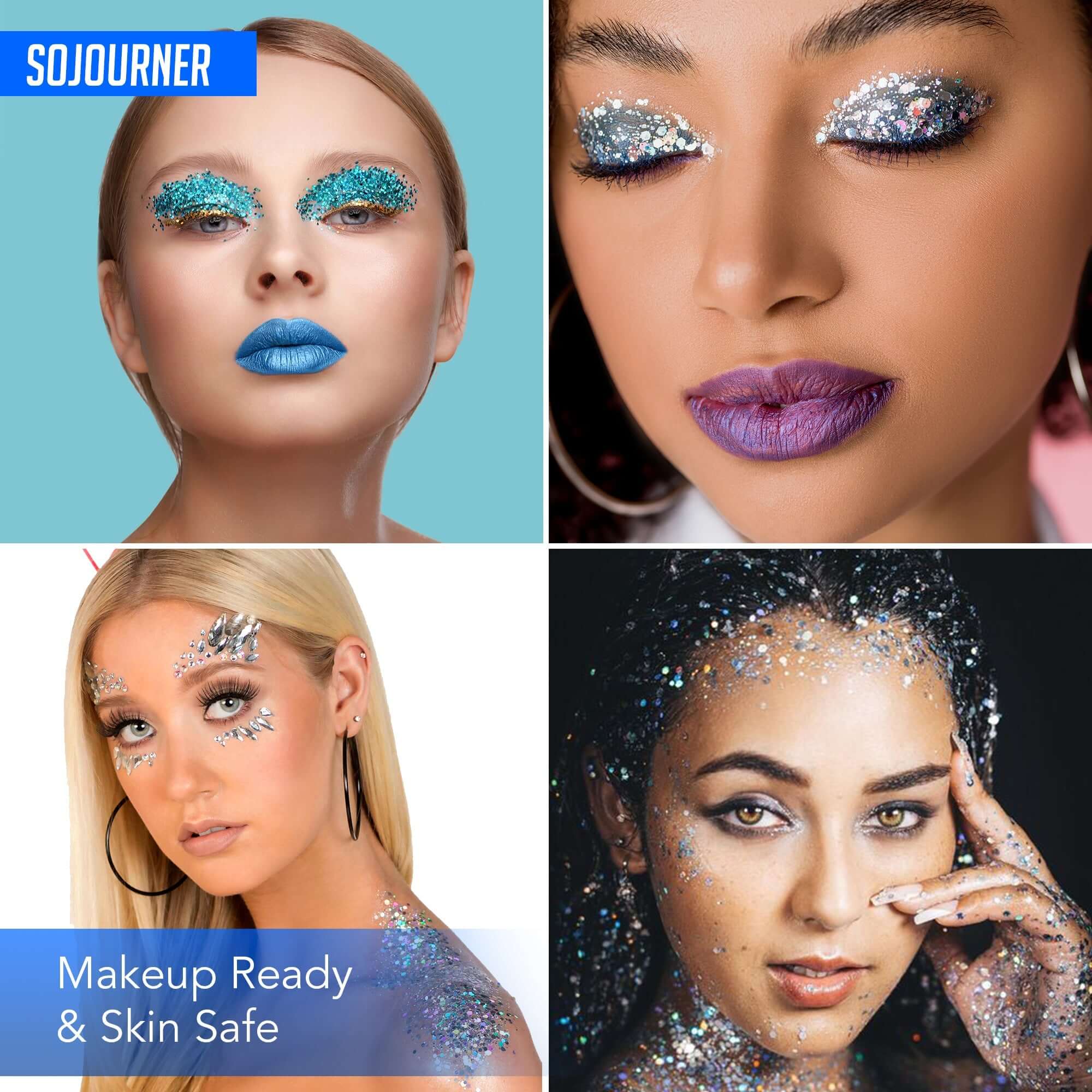 16 pack + 1 glitter glue Chunky Cosmetic Holographic Glitter | Body, Face & Hair Safe for makeup looks and parties.