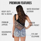 Rave Fanny Pack showcasing premium features like water-resistant exterior and holographic design for ultimate festival style.