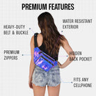 Rave Fanny Pack showcasing premium features like water-resistant exterior and heavy-duty belt.