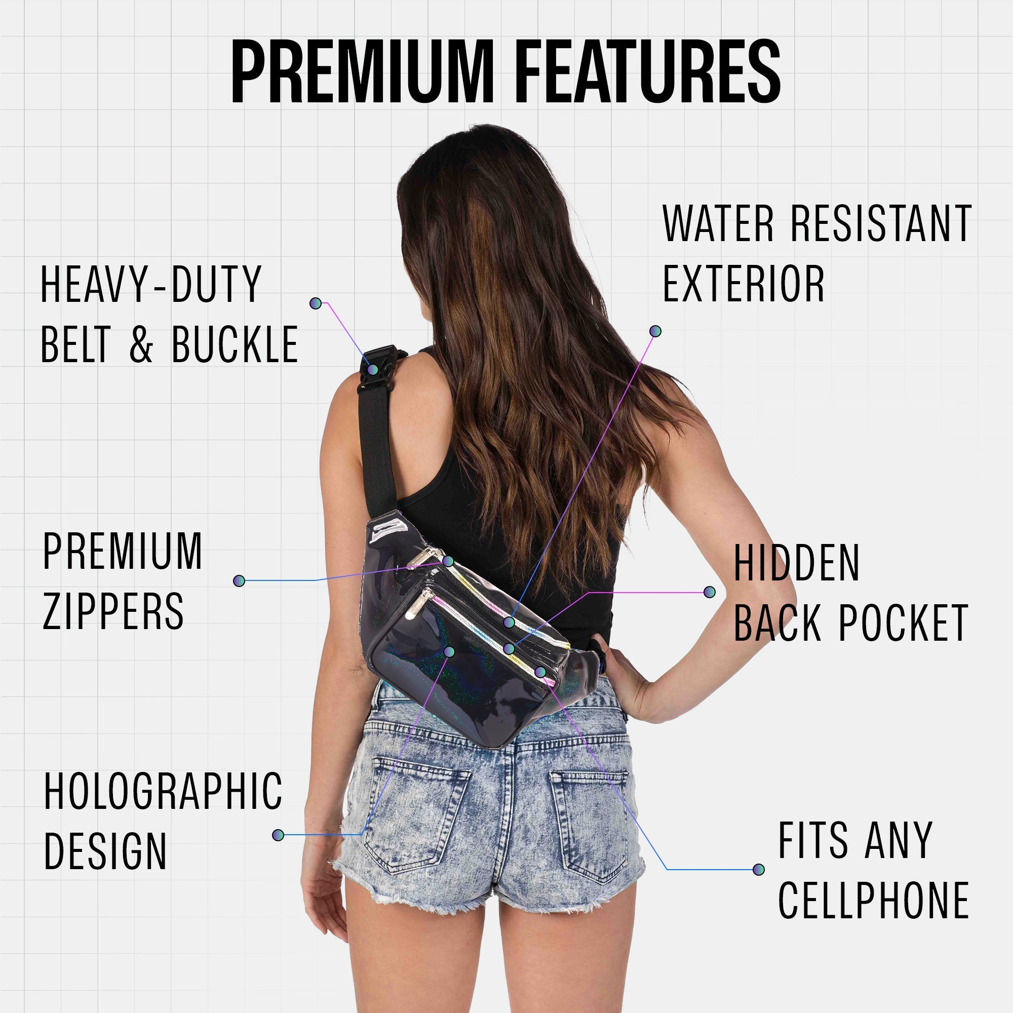 Rave Fanny Pack featuring premium features like holographic design, water resistant exterior, and fits any cellphone.