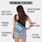 Rave Fanny Pack showcasing premium features like water-resistant exterior and holographic design for festivals and travel.