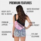 Rave Fanny Pack features premium zippers, water-resistant exterior, holographic design, and fits any cellphone.