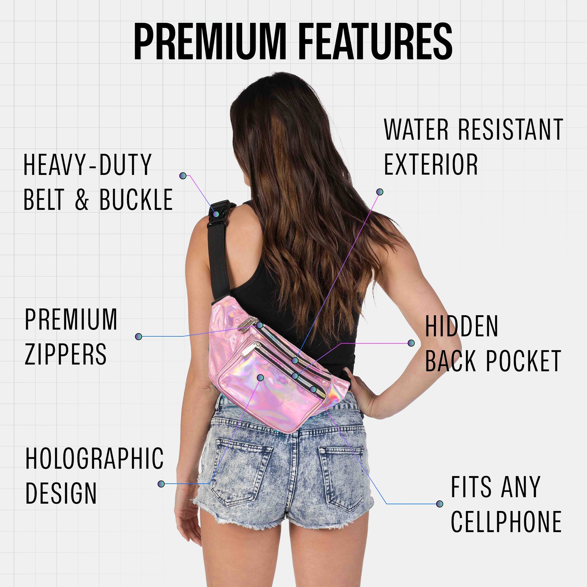 Rave Fanny Pack features premium zippers, water-resistant exterior, holographic design, and fits any cellphone.